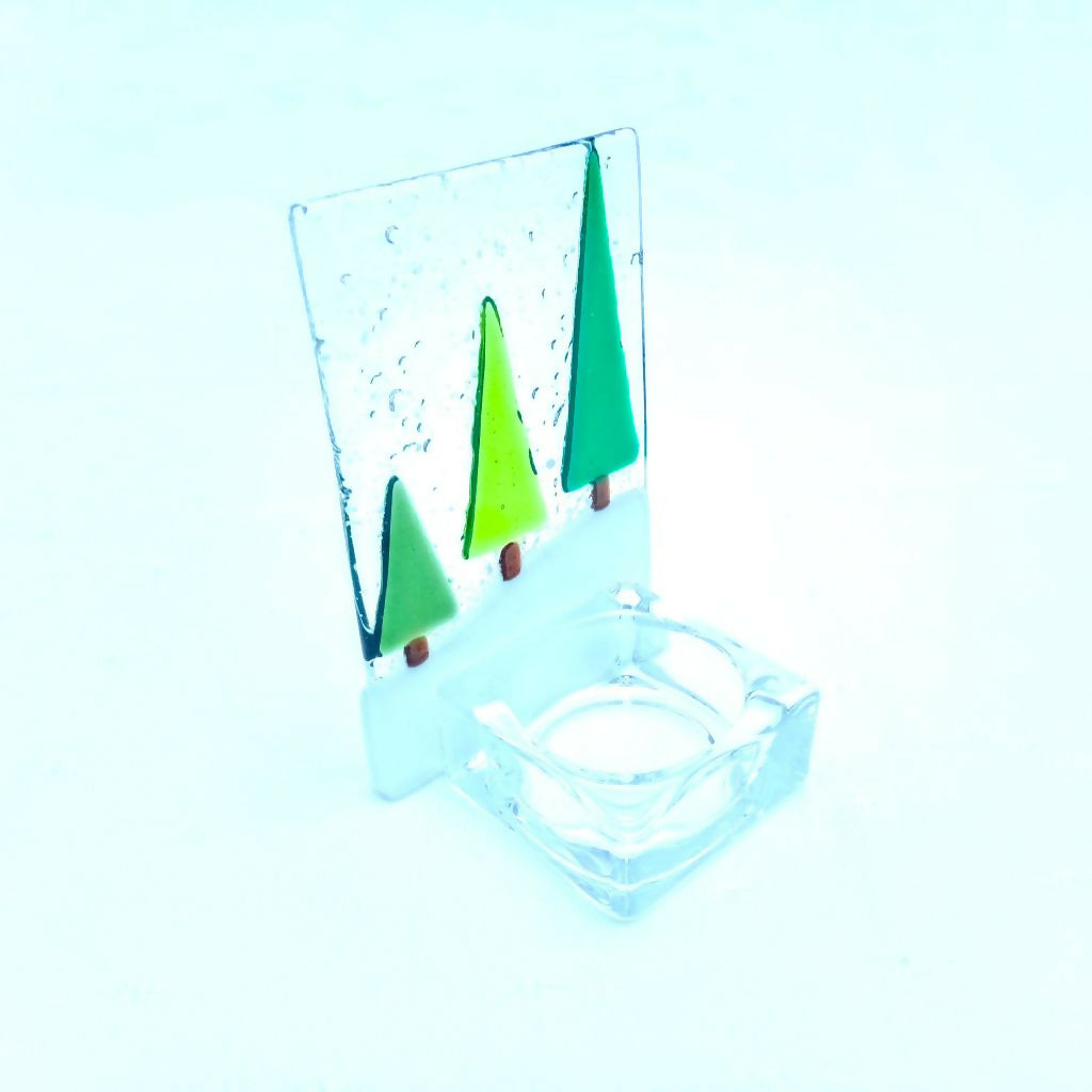 Fused Glass Tealight Holder With Christmas Tree Design