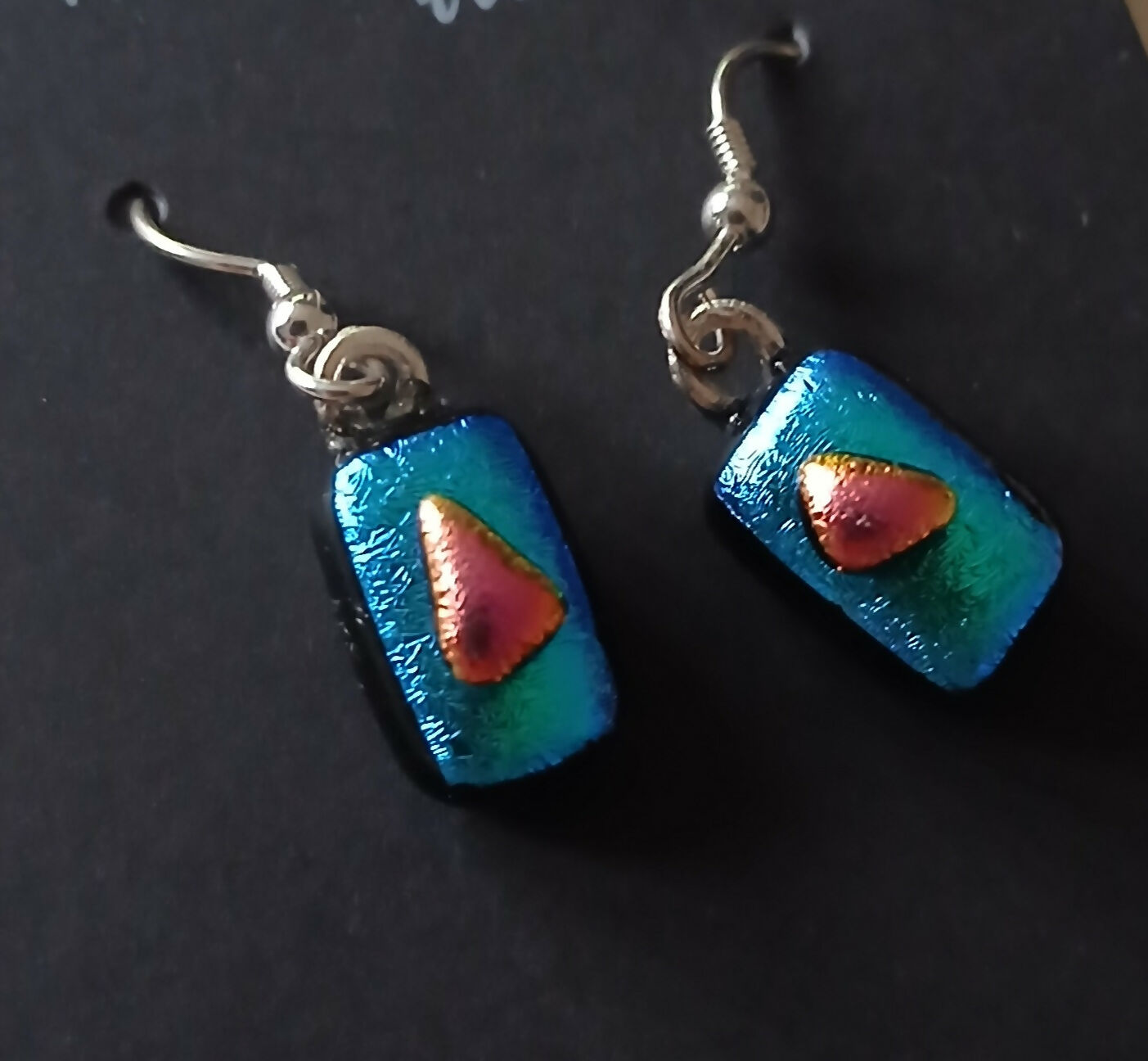 Fused Dichroic Glass Earrings in Green and Pink with Sterling Silver Hooks