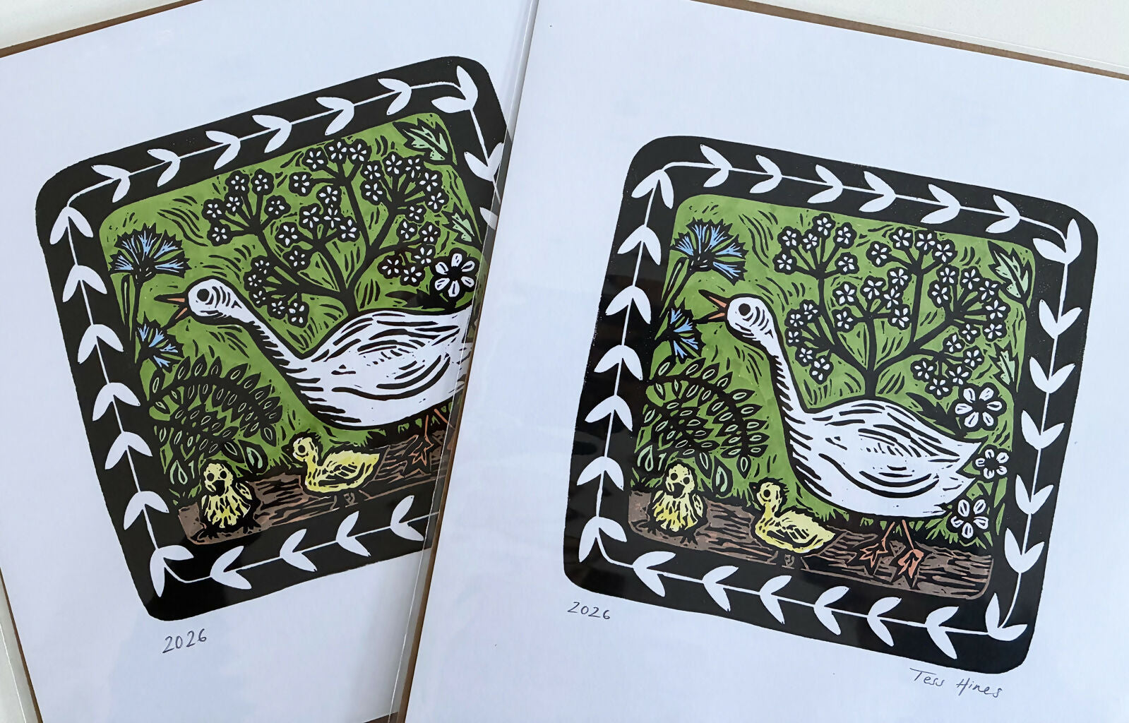 Hand-printed and Hand-coloured Linocut print: Mother Goose and her Goslings.