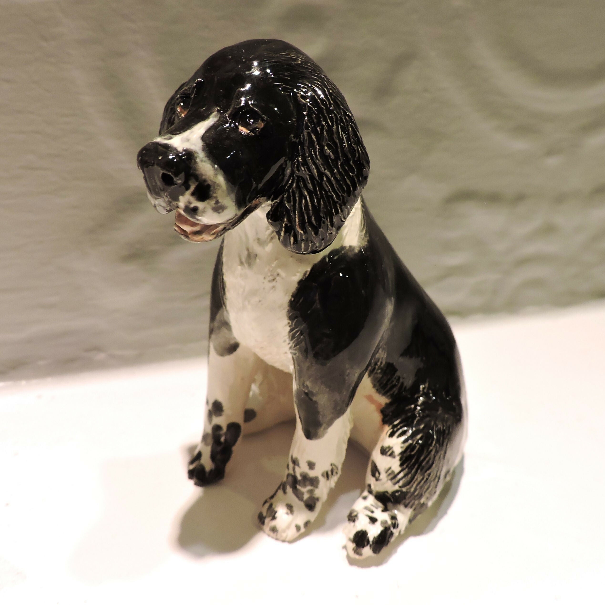 Ceramic Black and White Springer Spaniel Dog Sculpture
