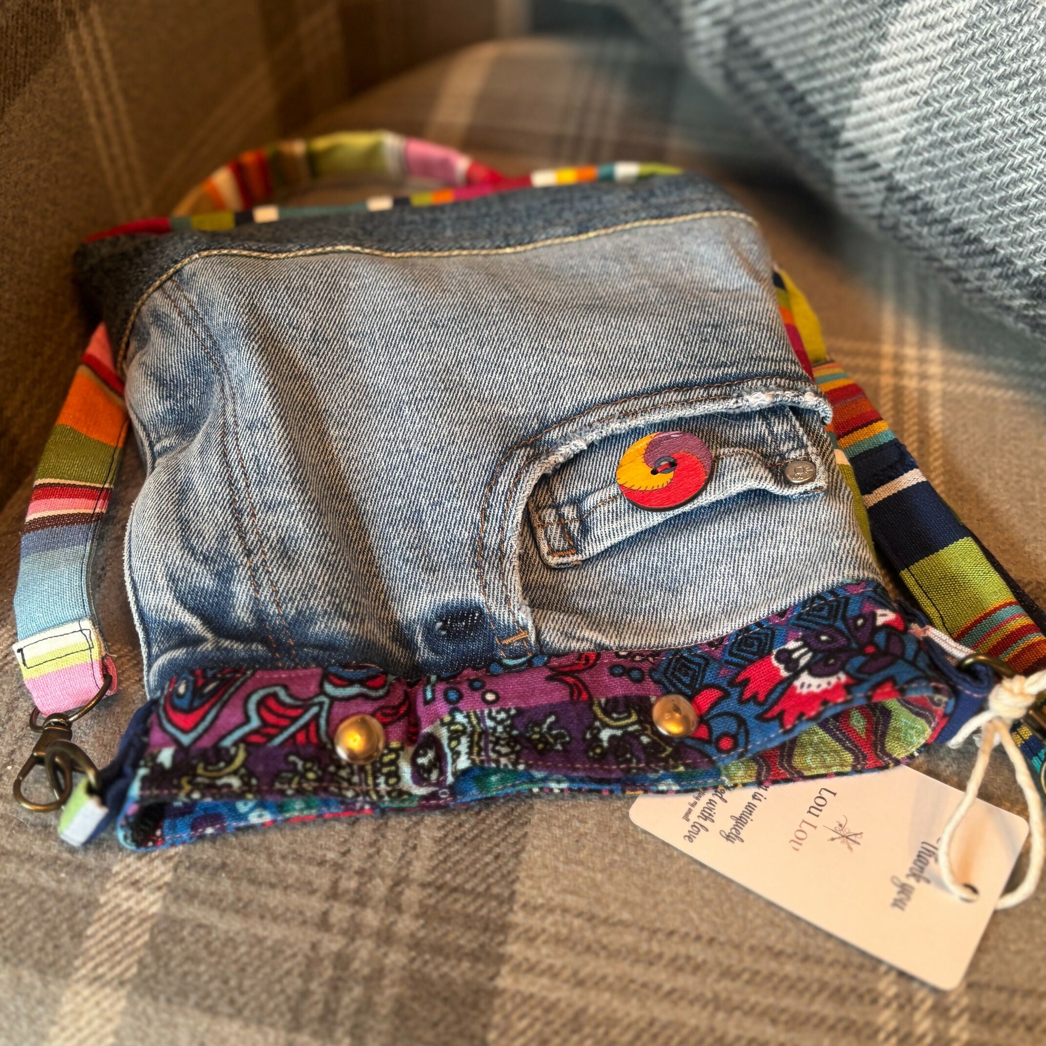 Unique Design Handcrafted Bag Purse Handbag Made From Upcycled Jeans And Bright Fabrics