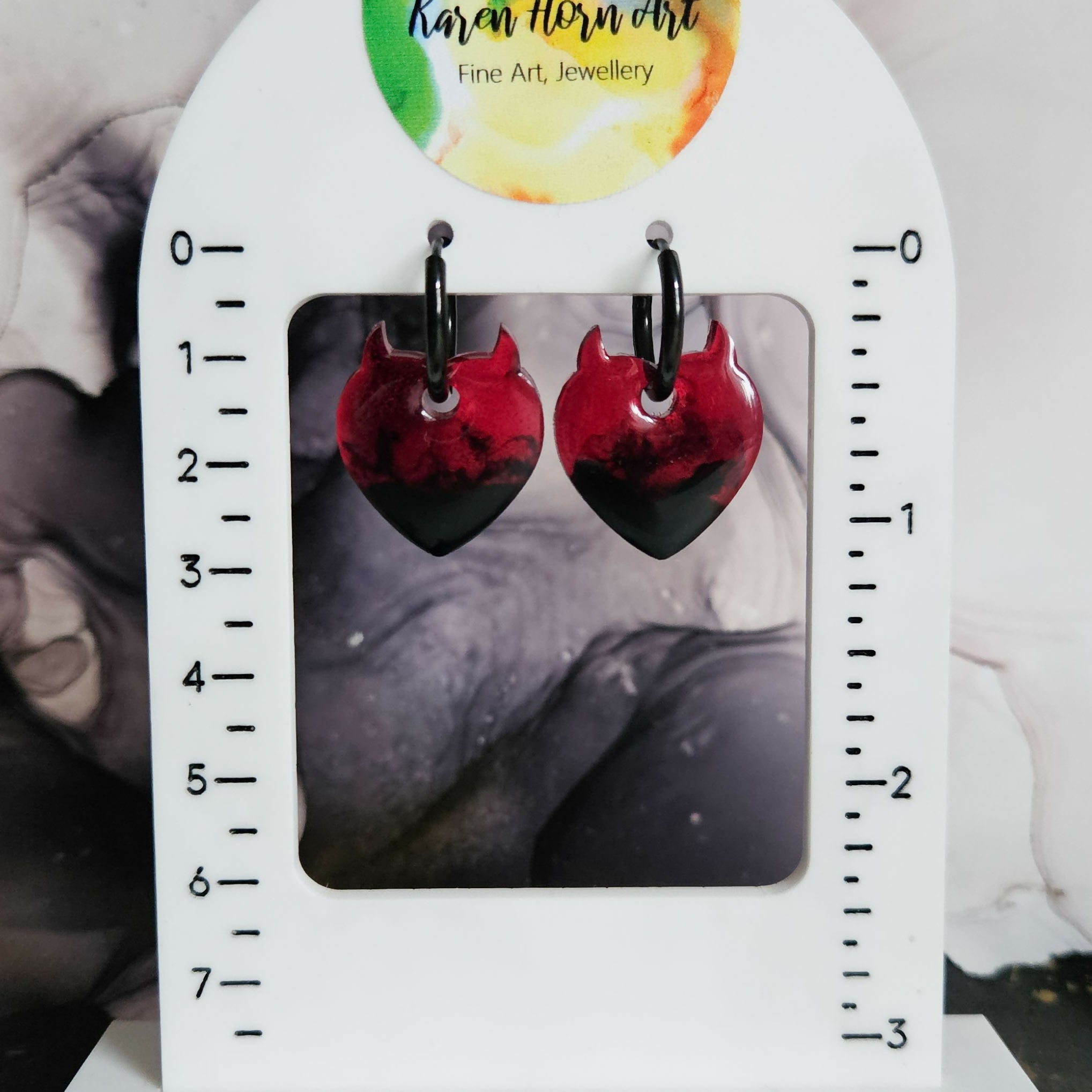 Handmade Red Black Devil Hearts Charms On Black Hoops