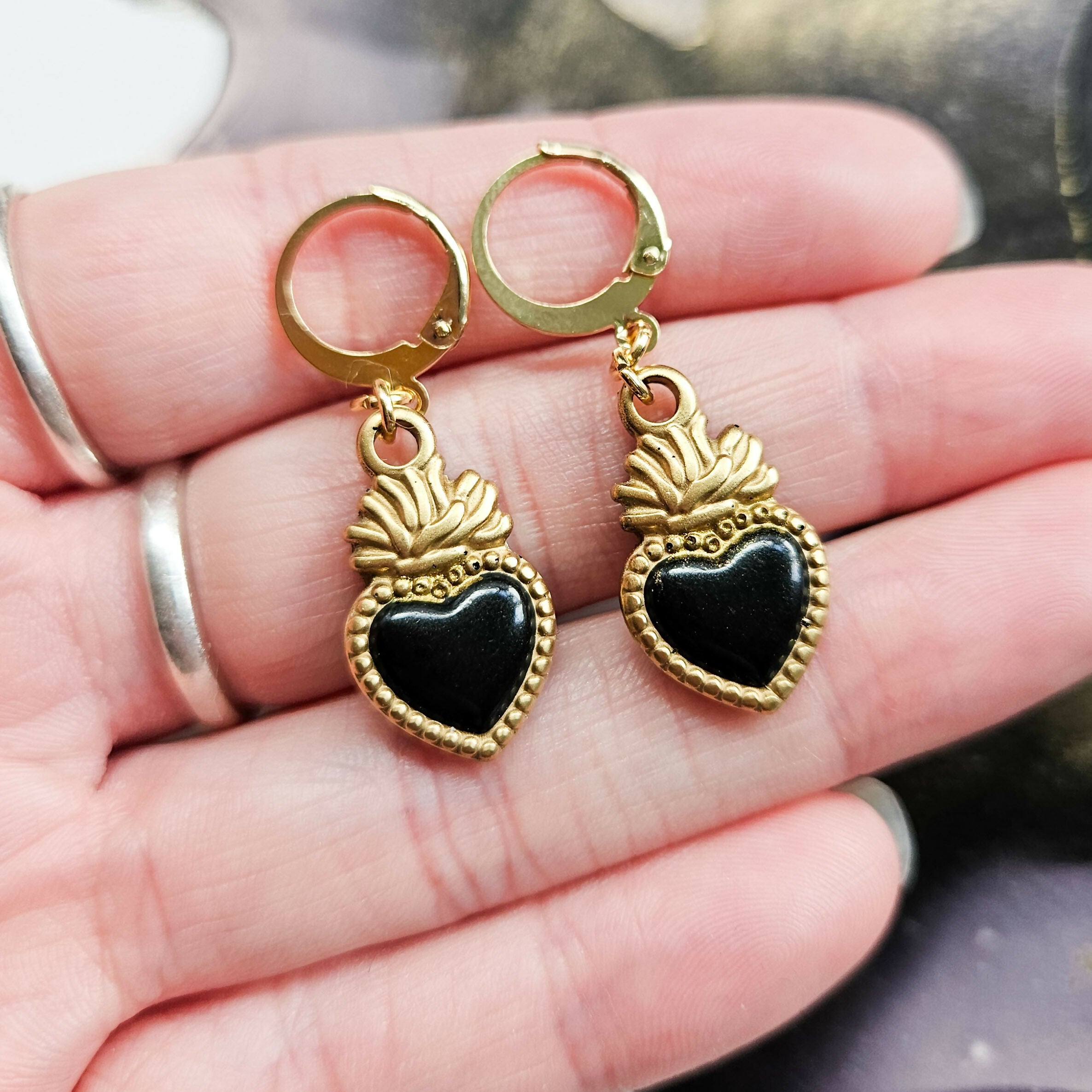 Handmade Black And Gold Sacred Hearts Resin Charms On Huggie Hoops