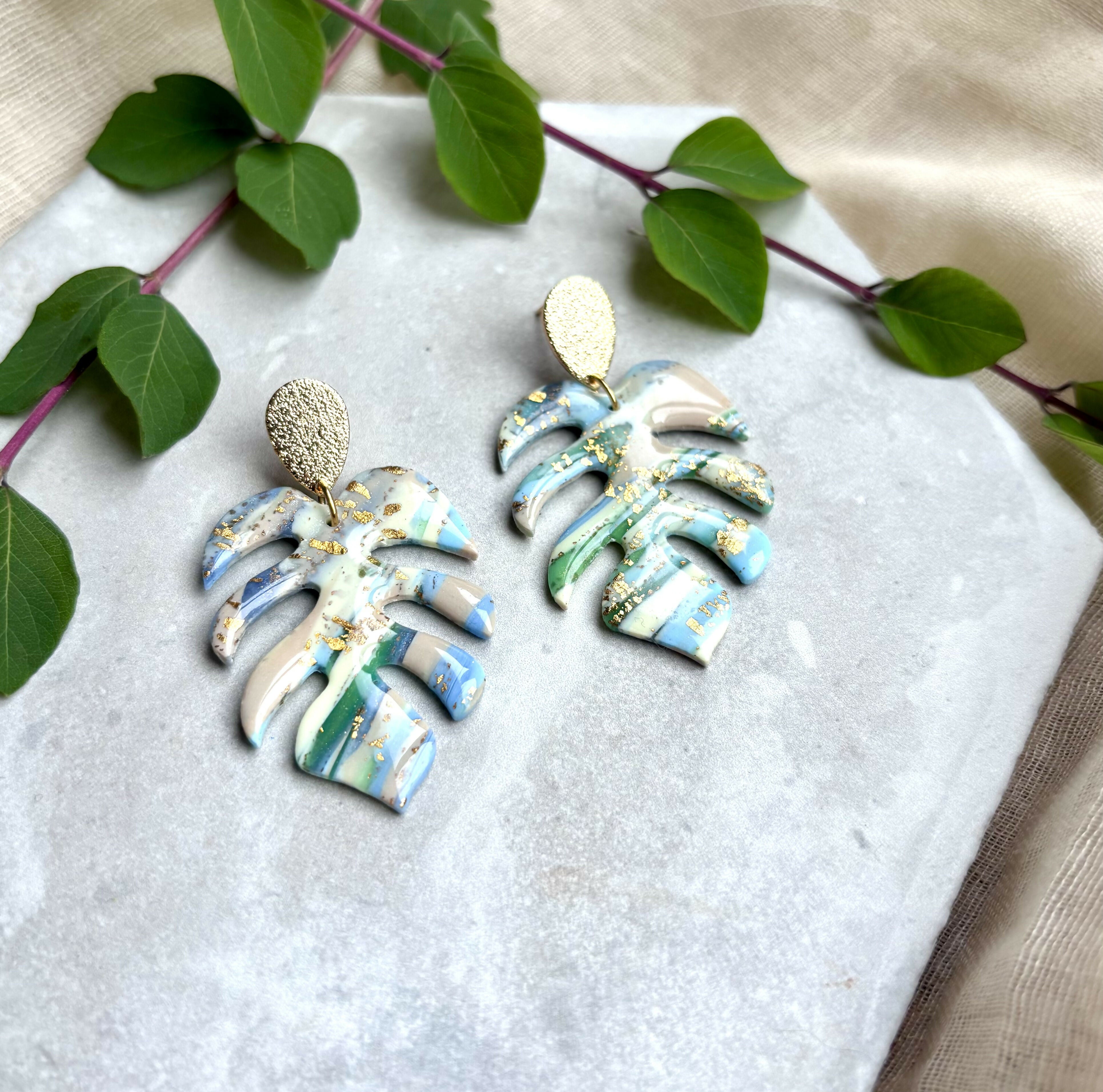 Aqua Collection - Monstera Leaf Polymer Clay Earrings