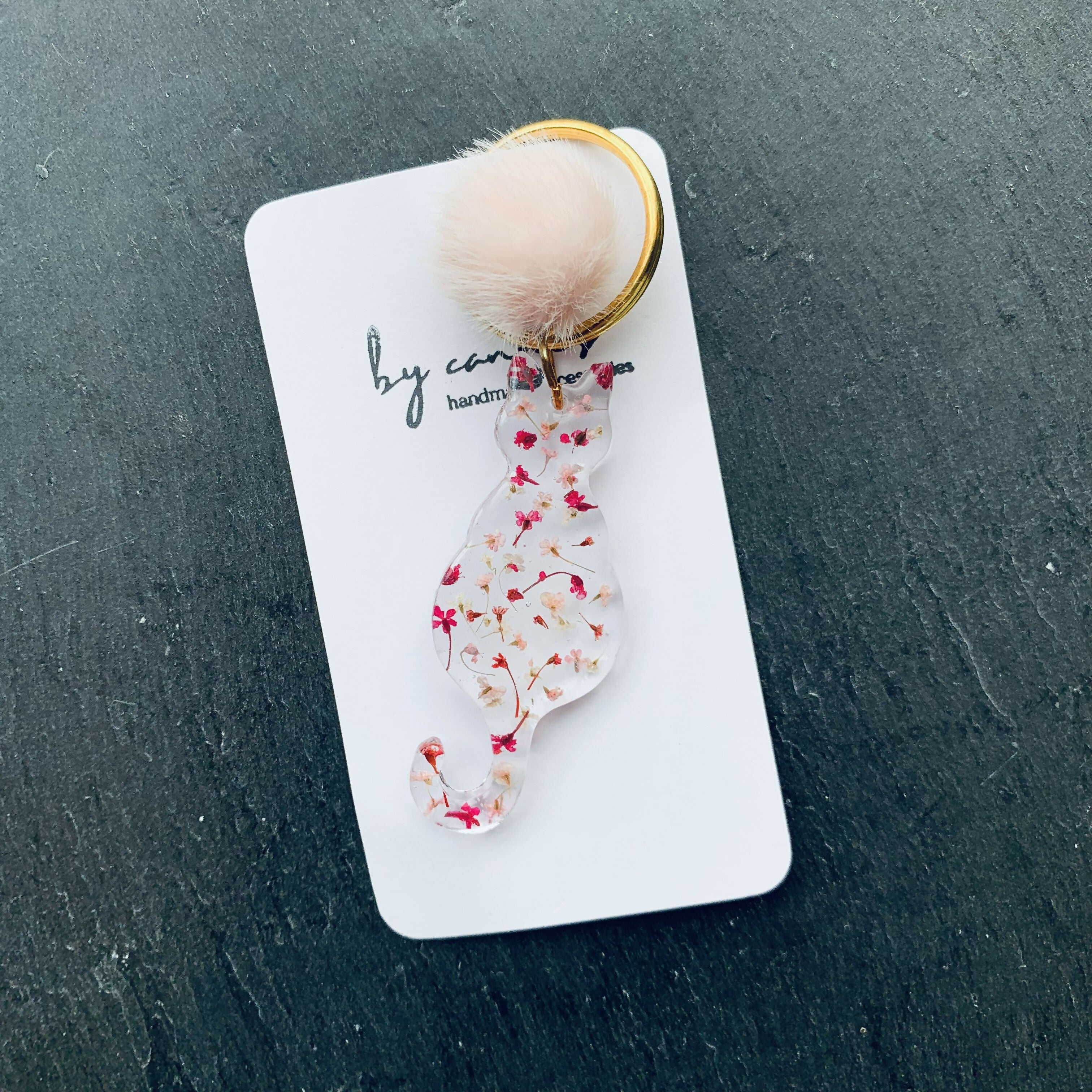 Handcrafted Real Pressed Floral Resin Cat Keyring with Fluffy Pom-Pom Accent