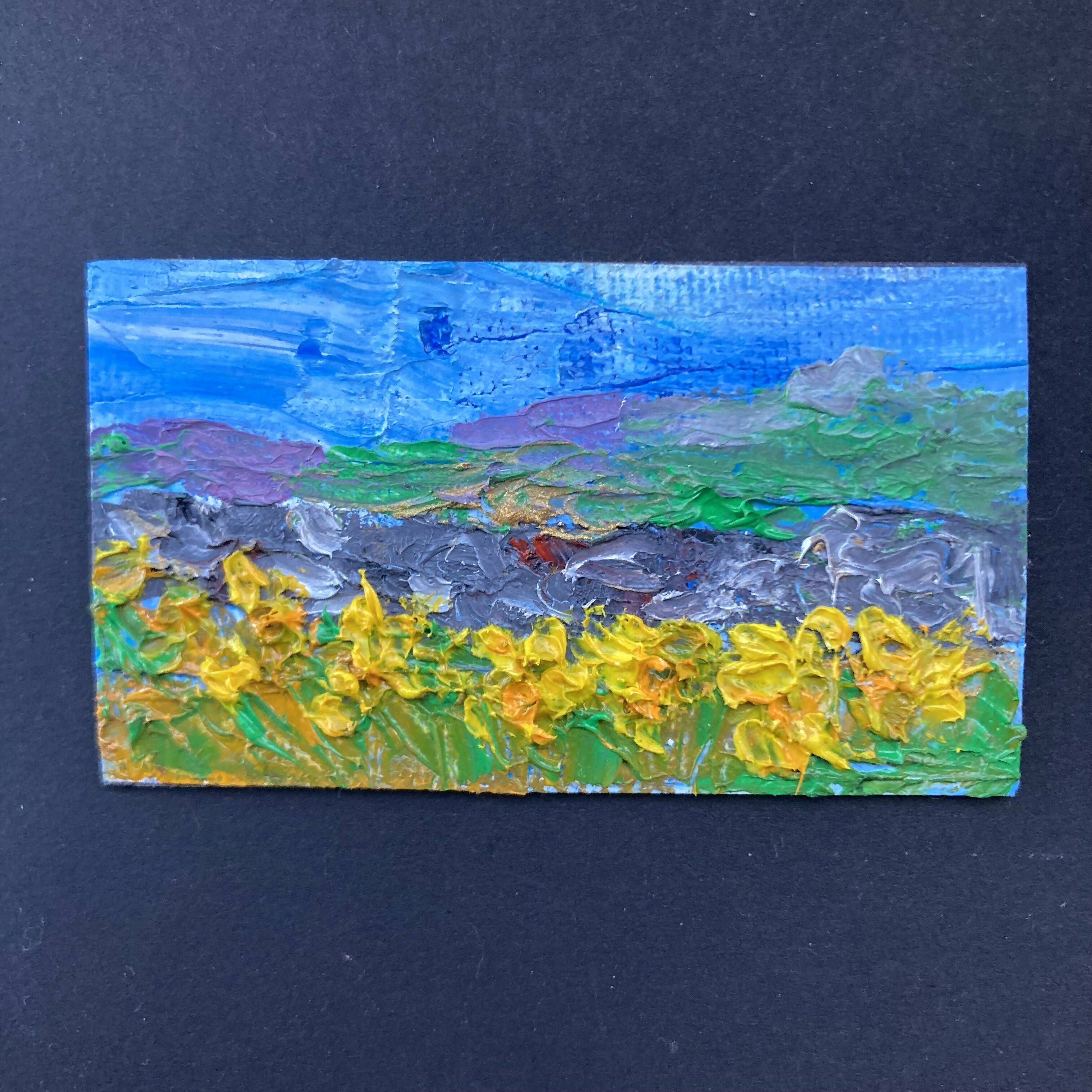 Daffodils by stone wall Mini Oil Painting Canvas Fridge Magnet