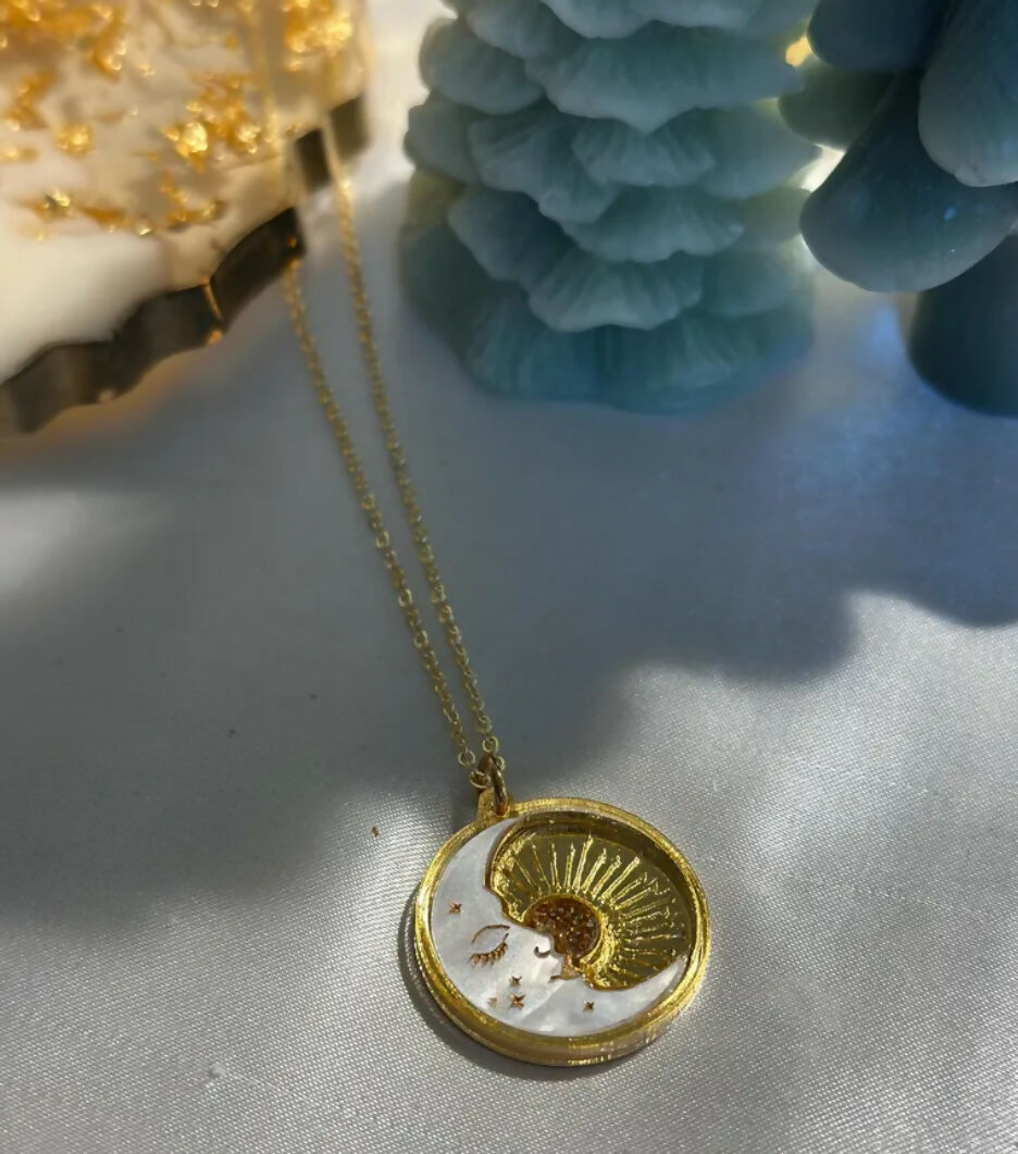 Celestial Christmas Moon and Sunbeam Disc Pendant