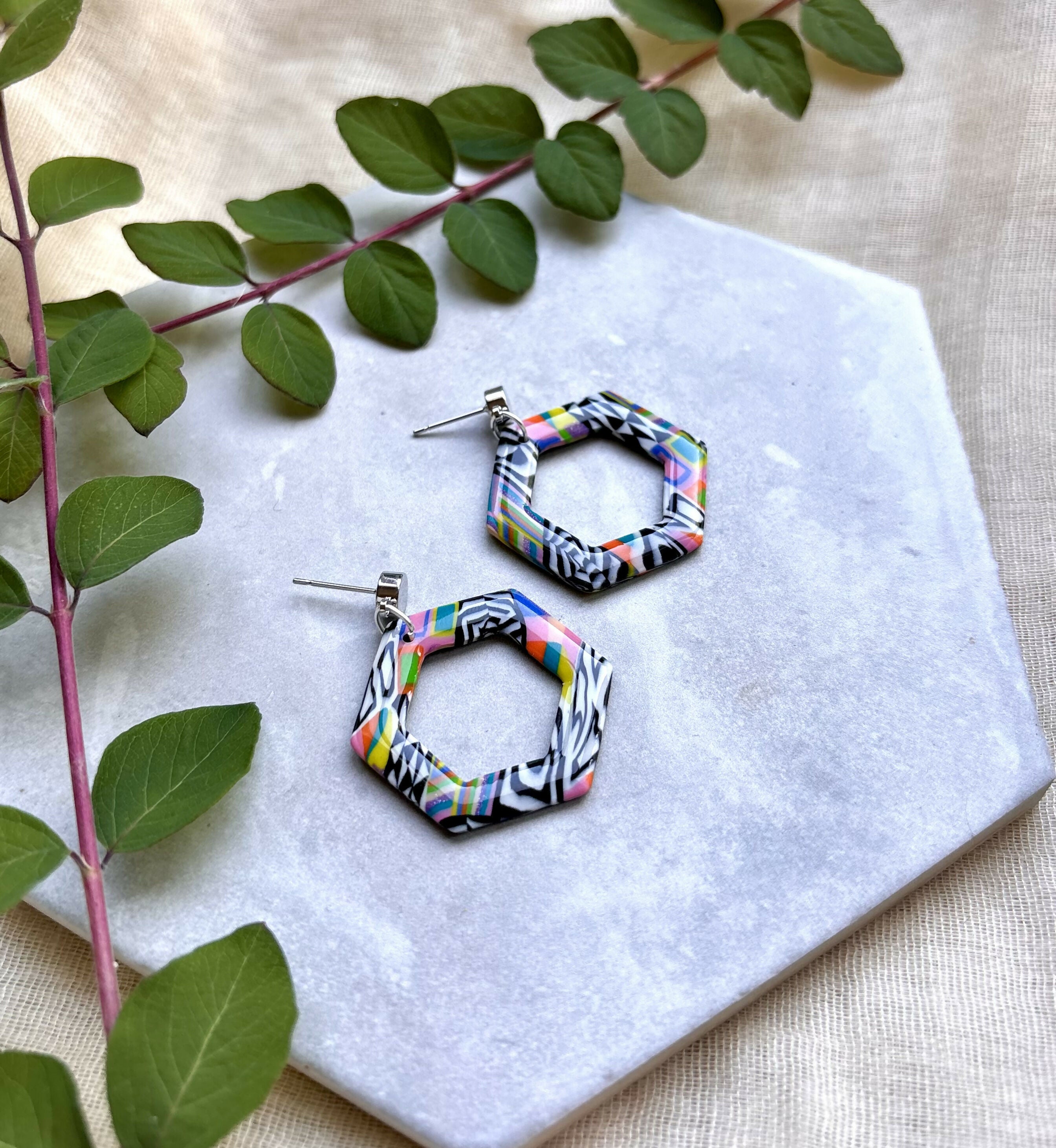 Funky Pattern Collection - Hexagon Polymer Clay Earrings