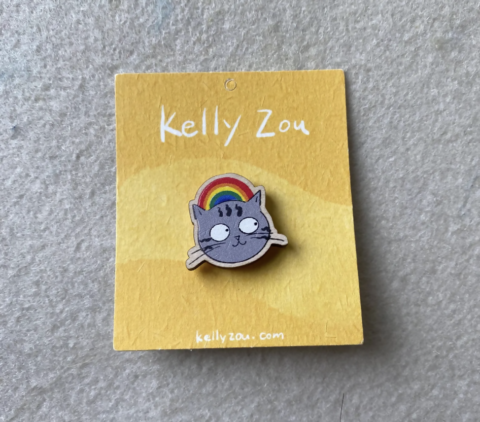 Wooden Rainbow Cat Pin Badge Brooch