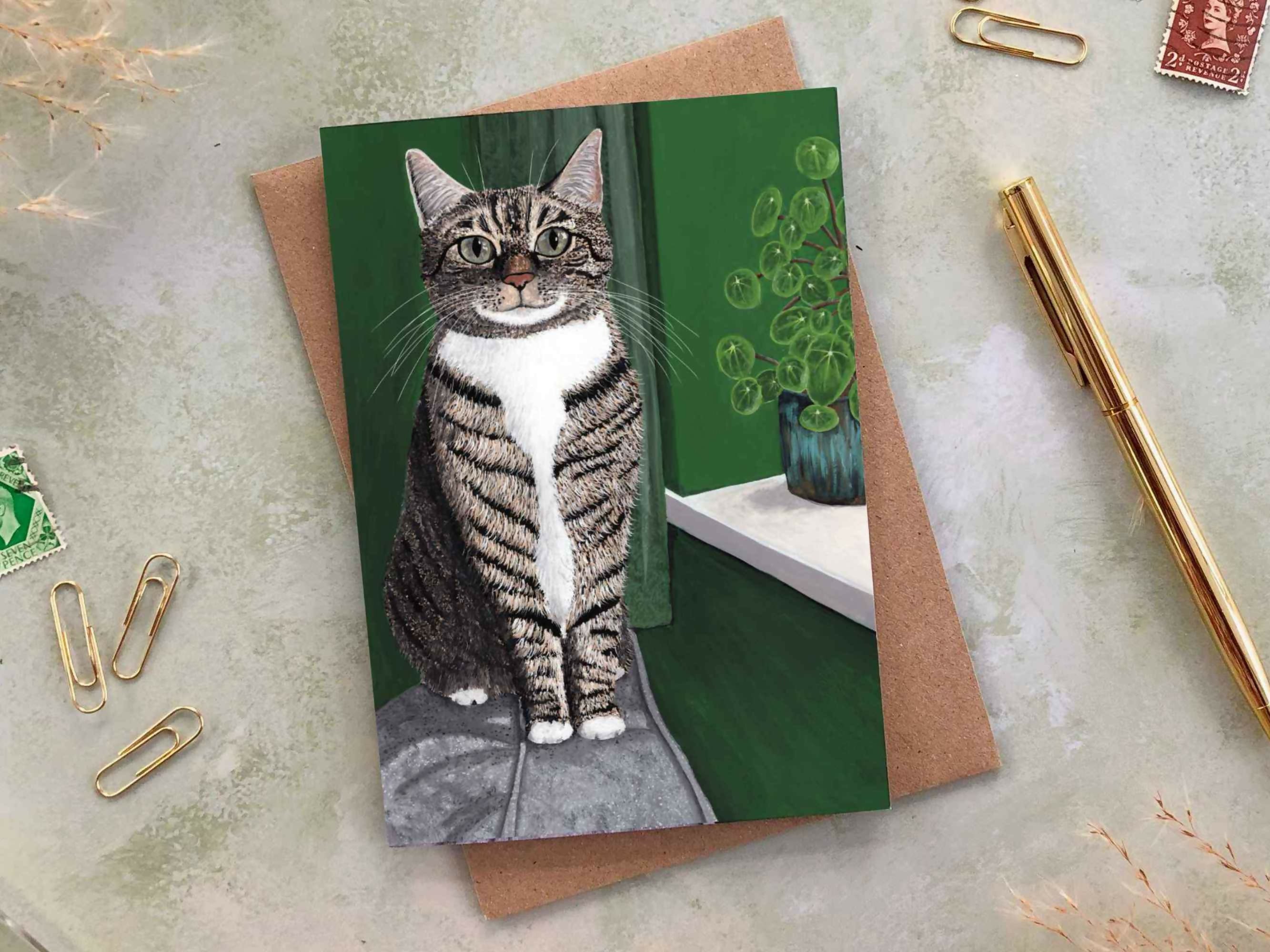 Tabby Cat Green A6 Greeting Card
