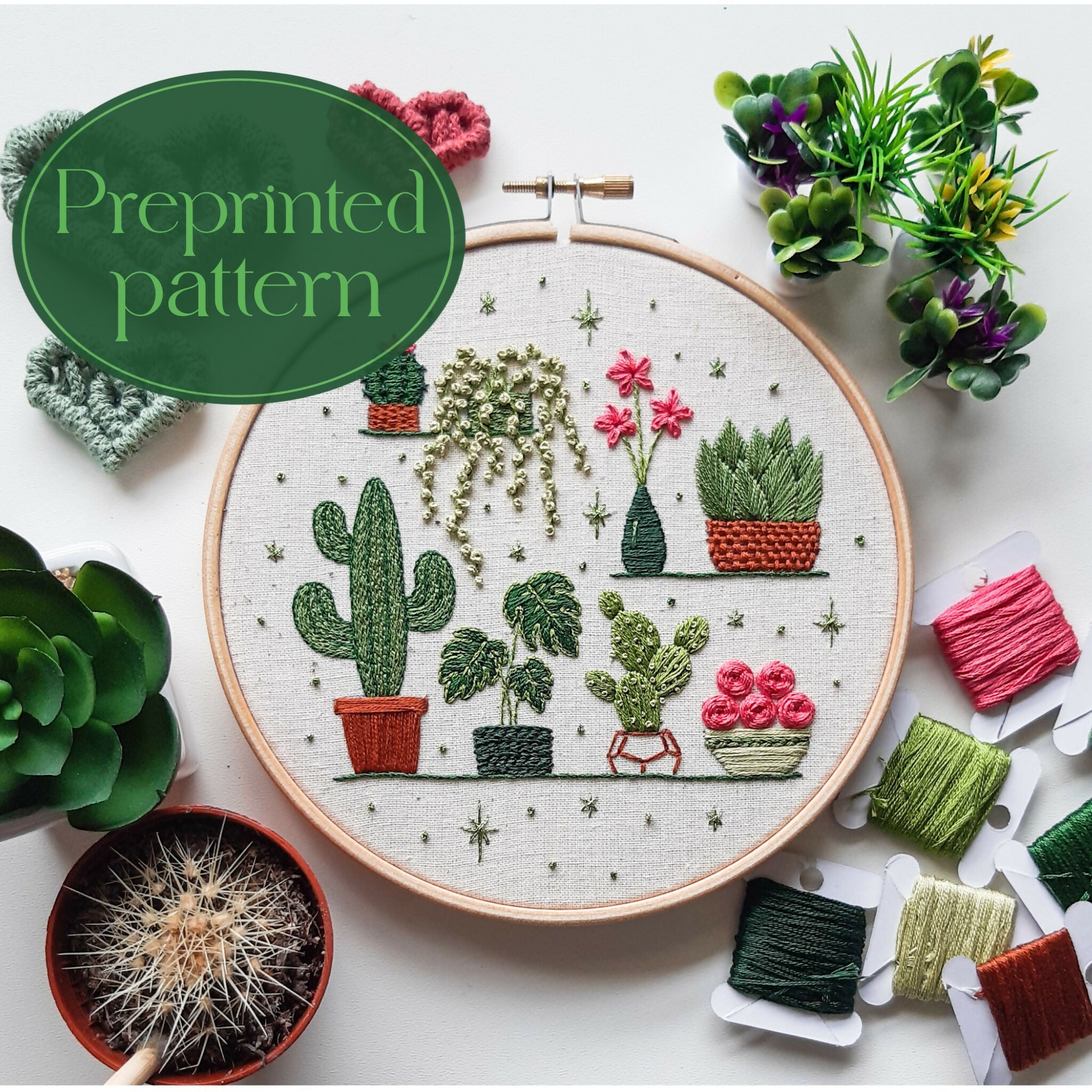 Preprinted Embroidery Pattern For Beginners - Potted Plants