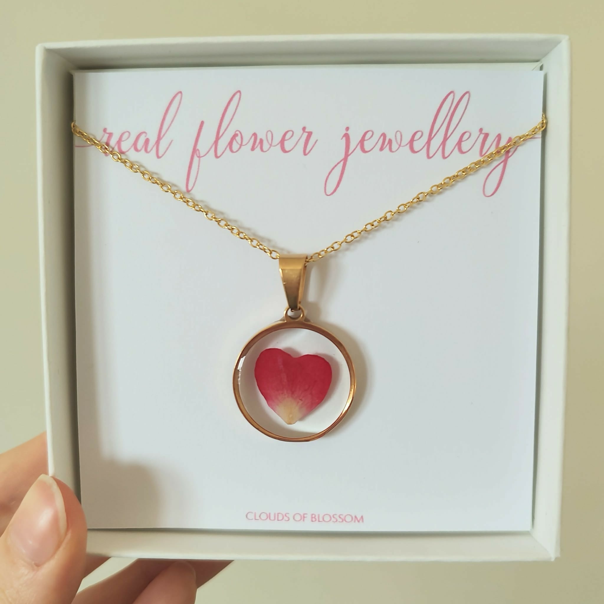 Pressed Rose Heart Necklace Gold Plated Stainless Steel