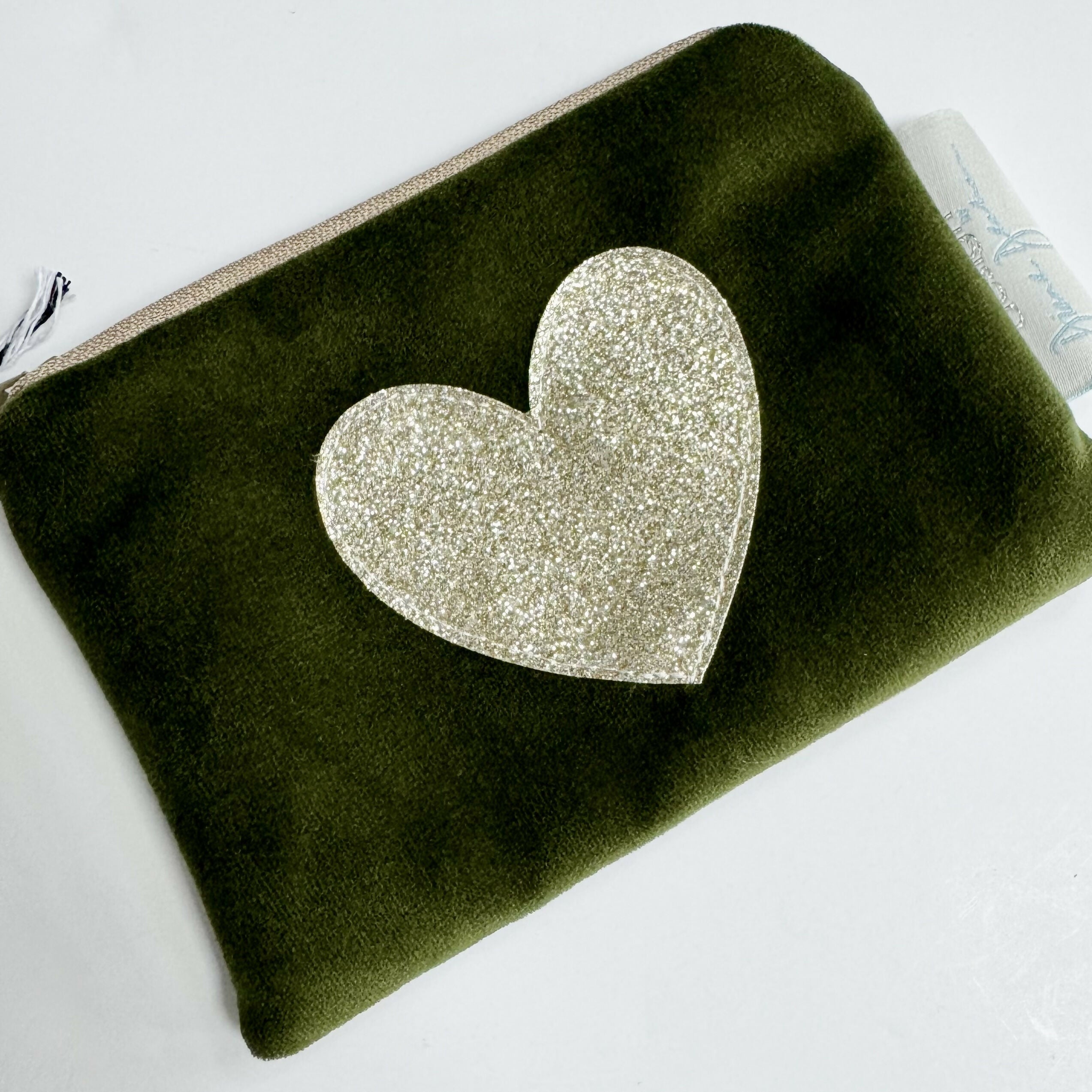 Olive Green Velvet Purse with a Gold Sparkle Heart