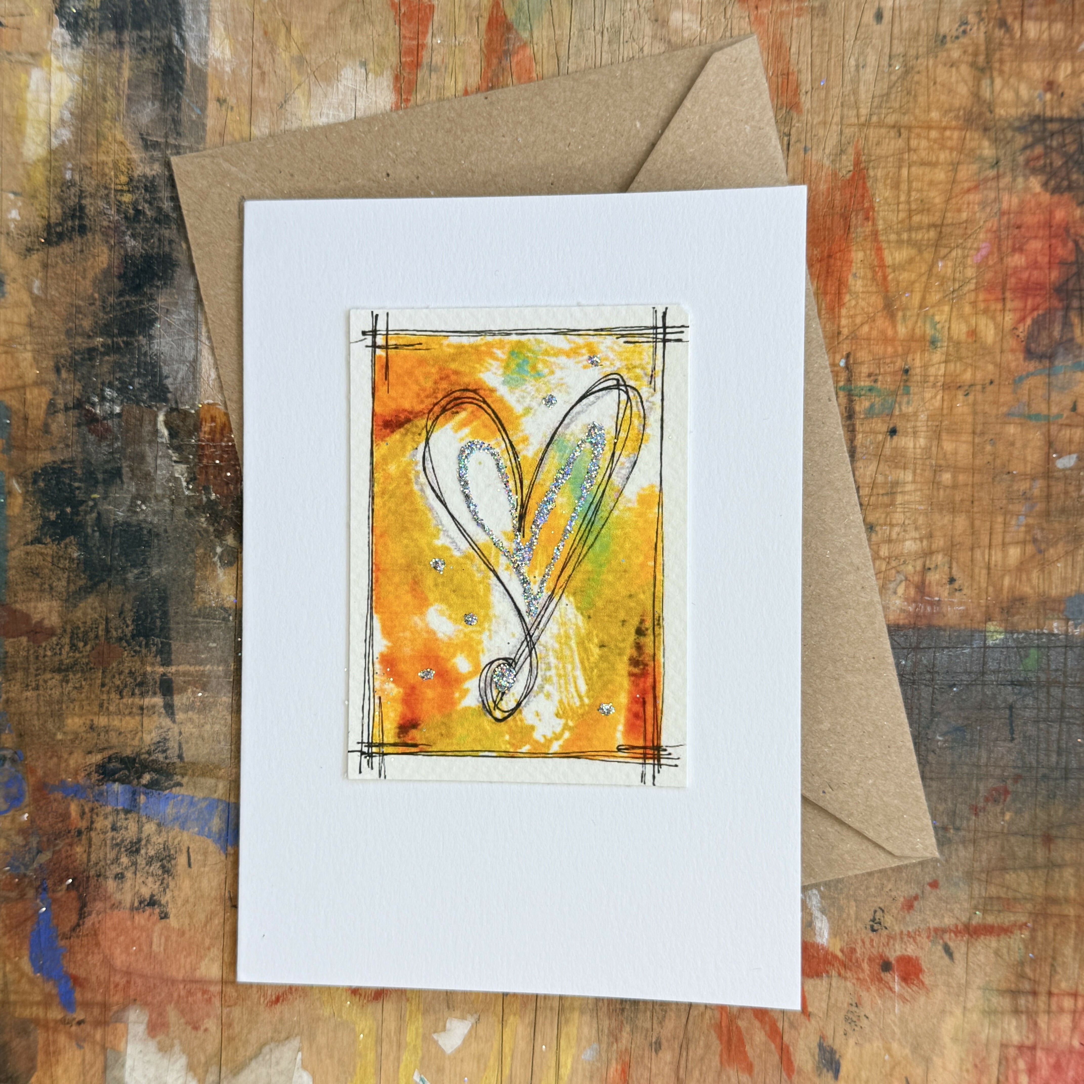 Abstract Sparkle Heart Card in Yellow