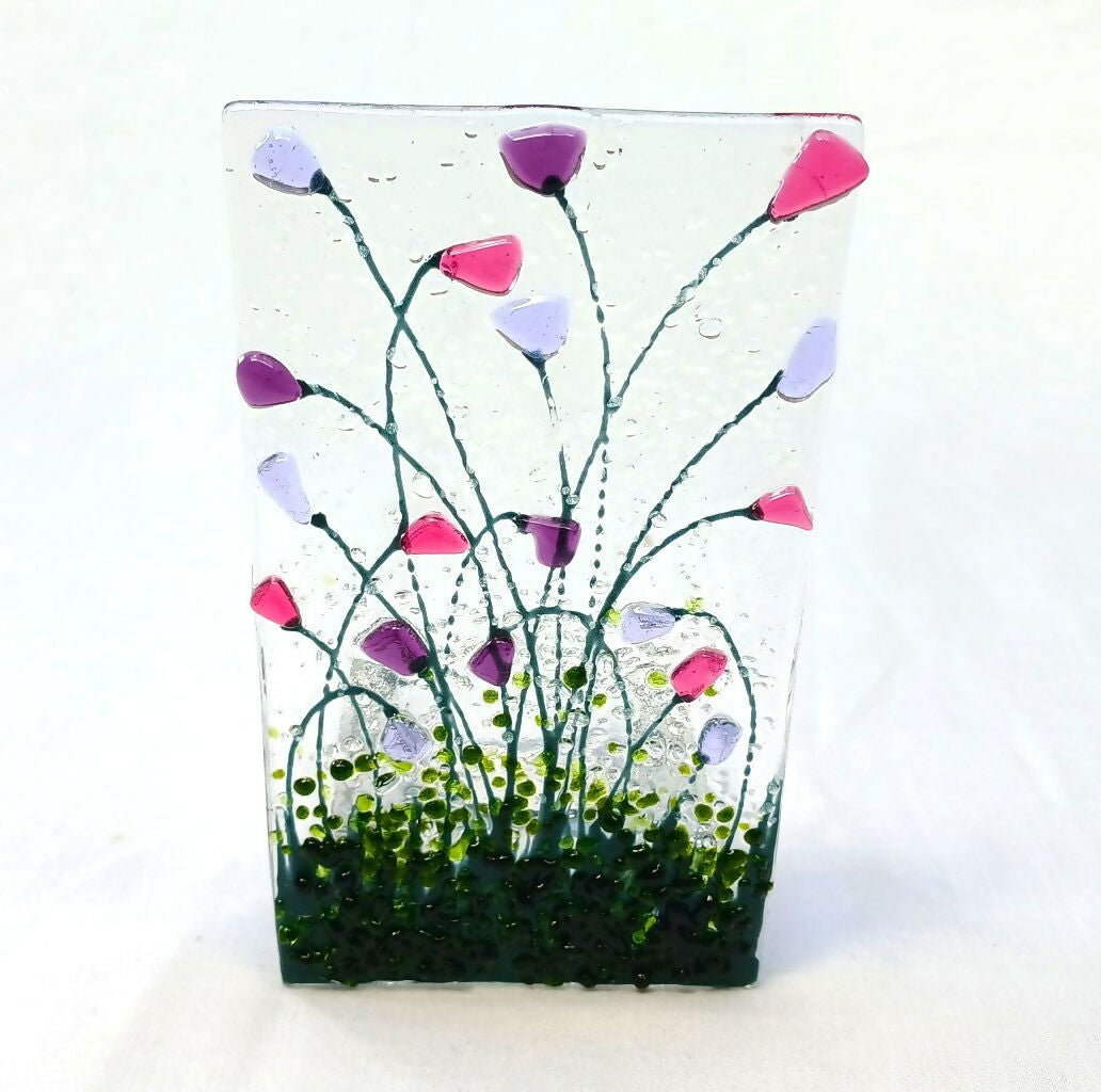 Handmade Fused Glass Tealight Holder With Pink & Purple Flowers