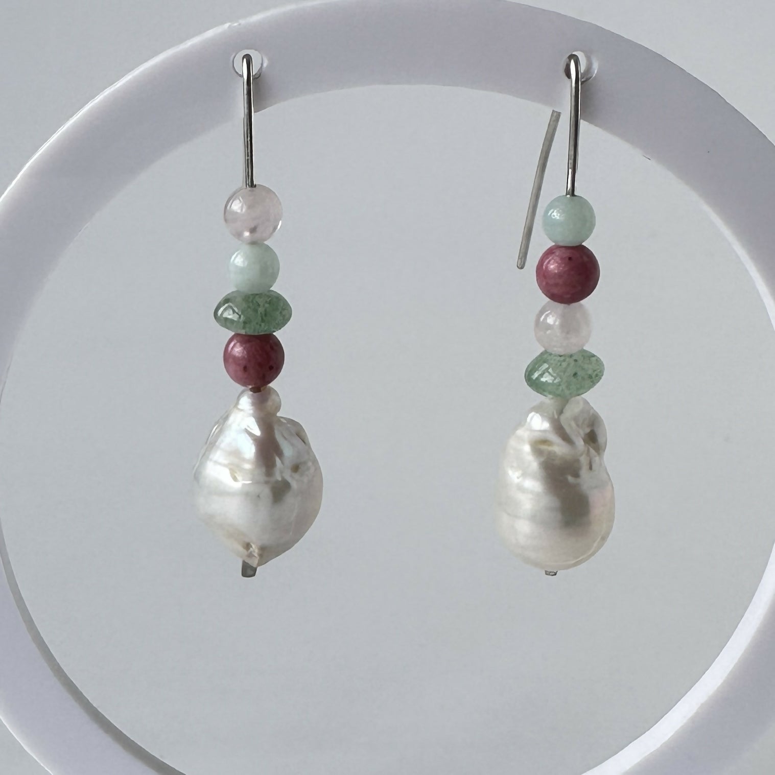 HEALING CRYSTAL & STERLING SILVER HEART CHAKRA EARRINGS WITH BAROQUE PEARLS