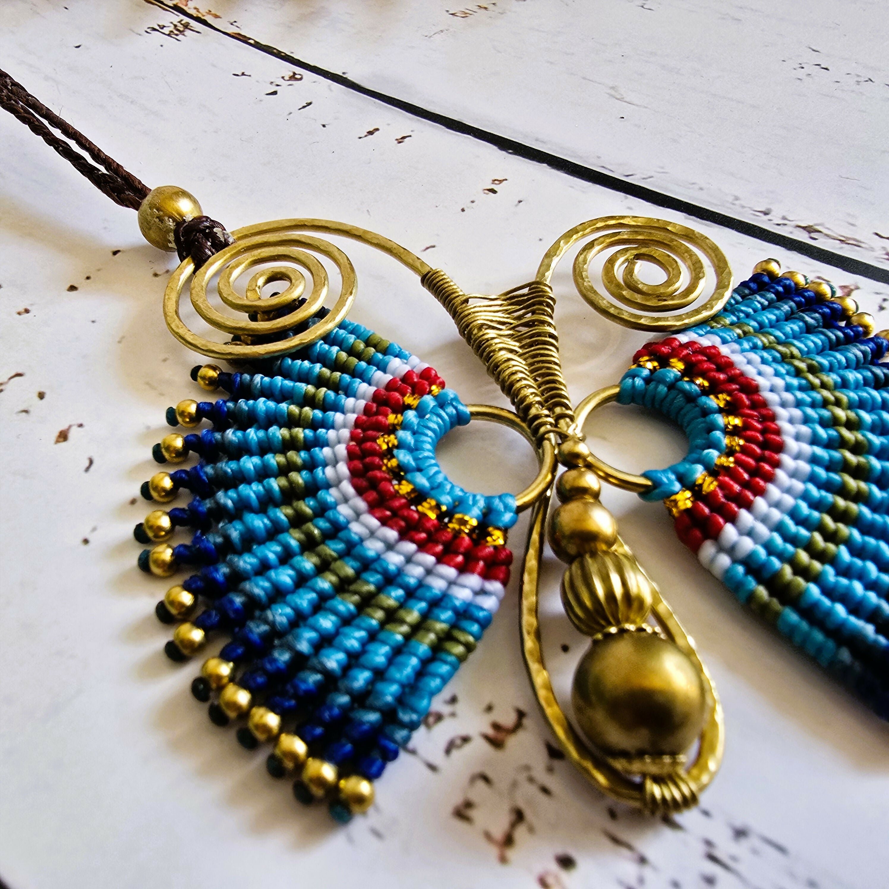 Blue Butterfly Necklace; Handcrafted Macramé & Gold Wire Art Statement Pendant