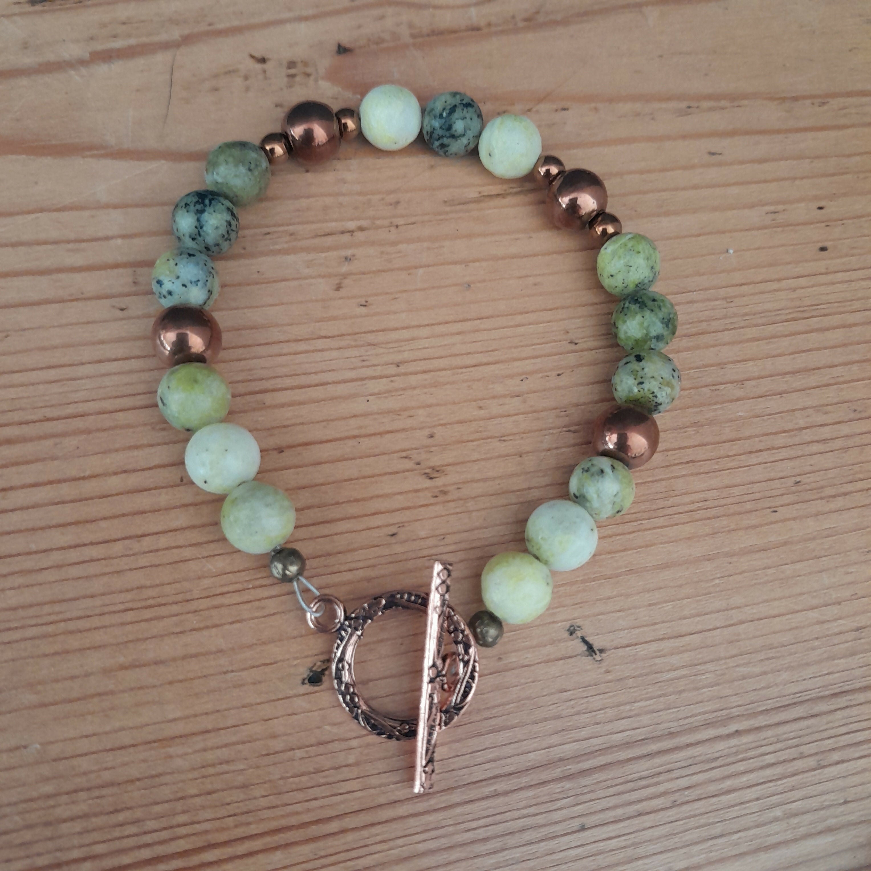 Pure Copper Toggle Bracelet with Yellow Turquoise and Copper Hematite.