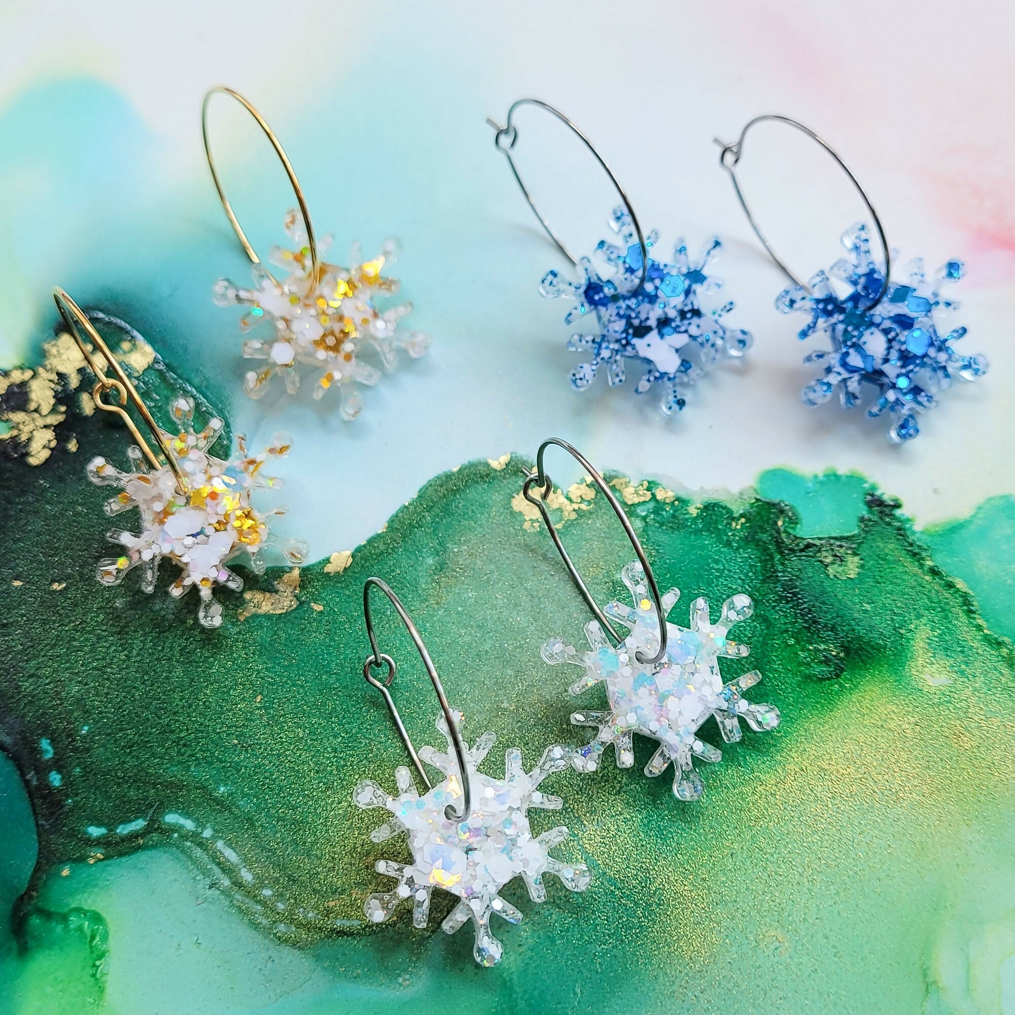 Handmade Resin Glitter Snowflakes Christmas Hoops Earrings