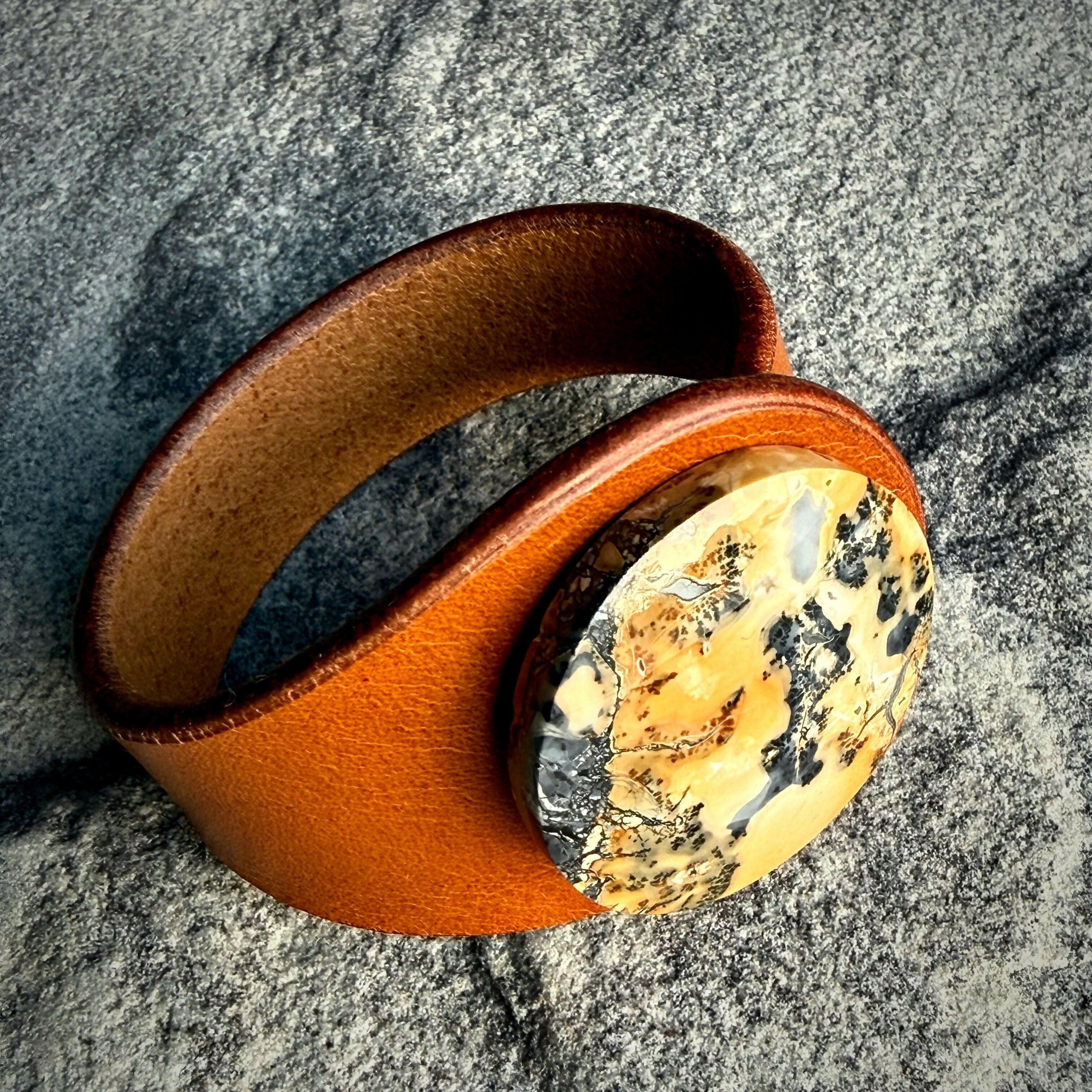 Handcrafted Natural Leather & Maligano Jasper Gemstone Bracelet - Size S or M