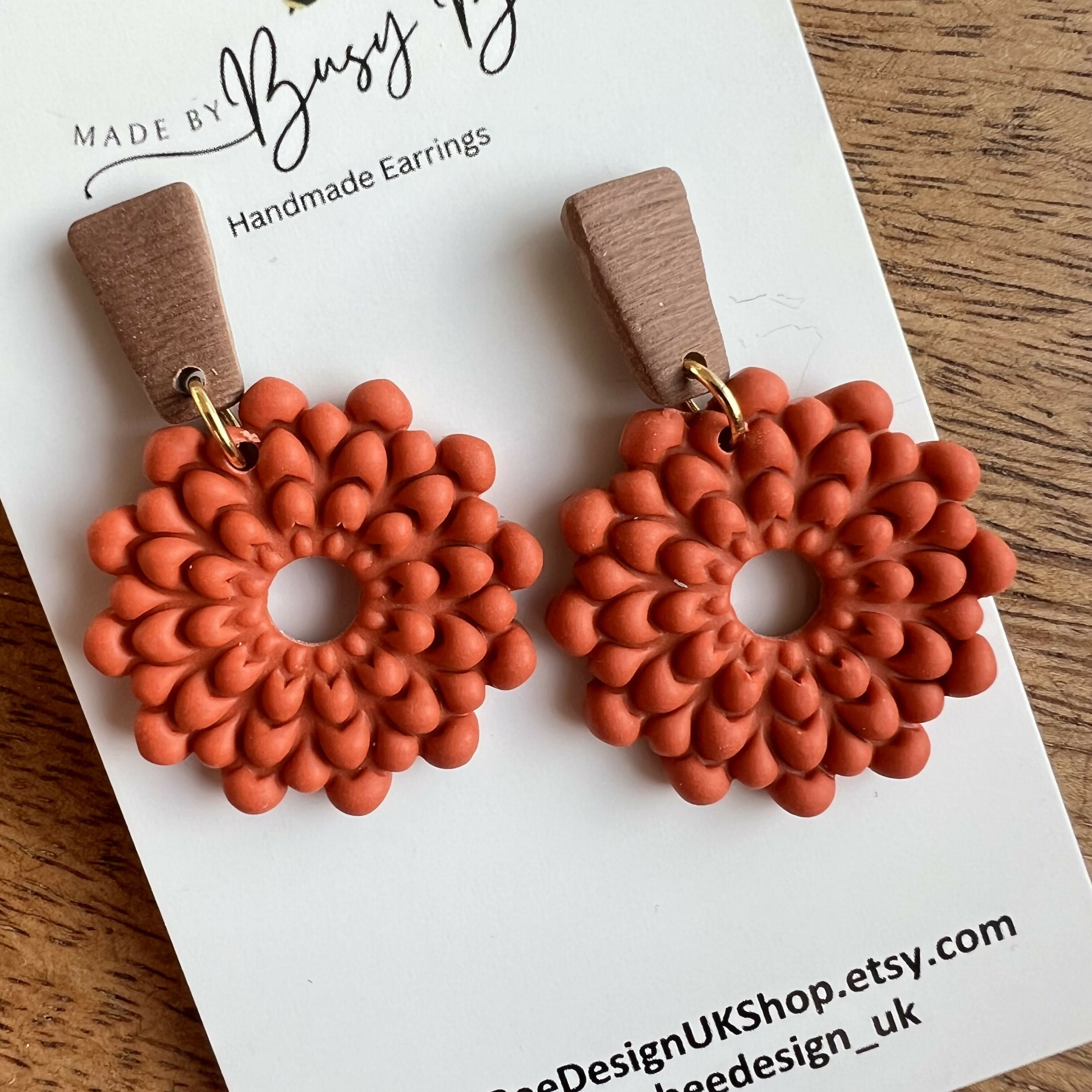 Floral Dangle Earrings – Polymer Clay Textured Earrings, Dainty Earrings, Handmade Clay Jewellery