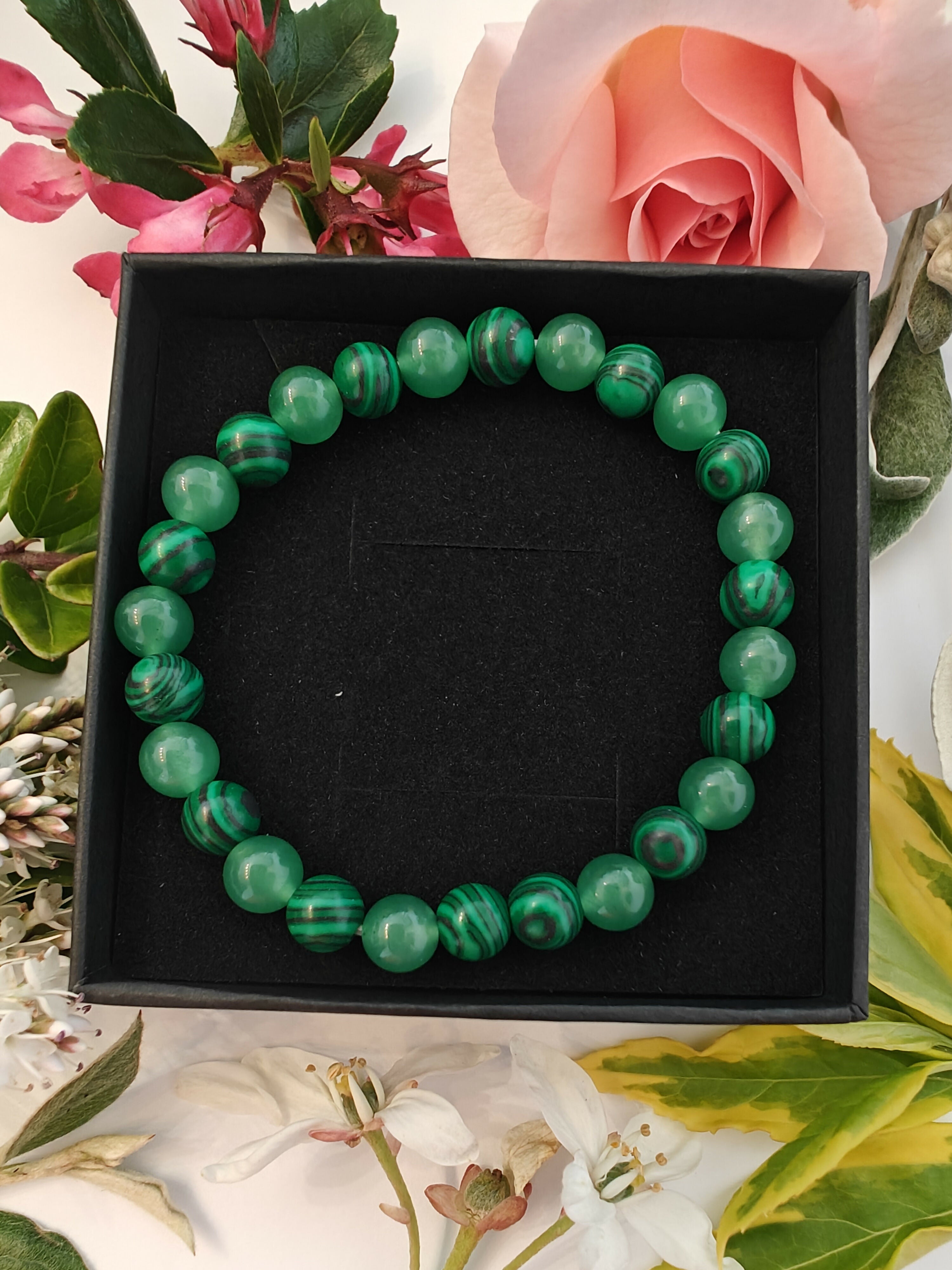 Malachite and Green Aventurine Crystal Bead Bracelet (6mm beads)