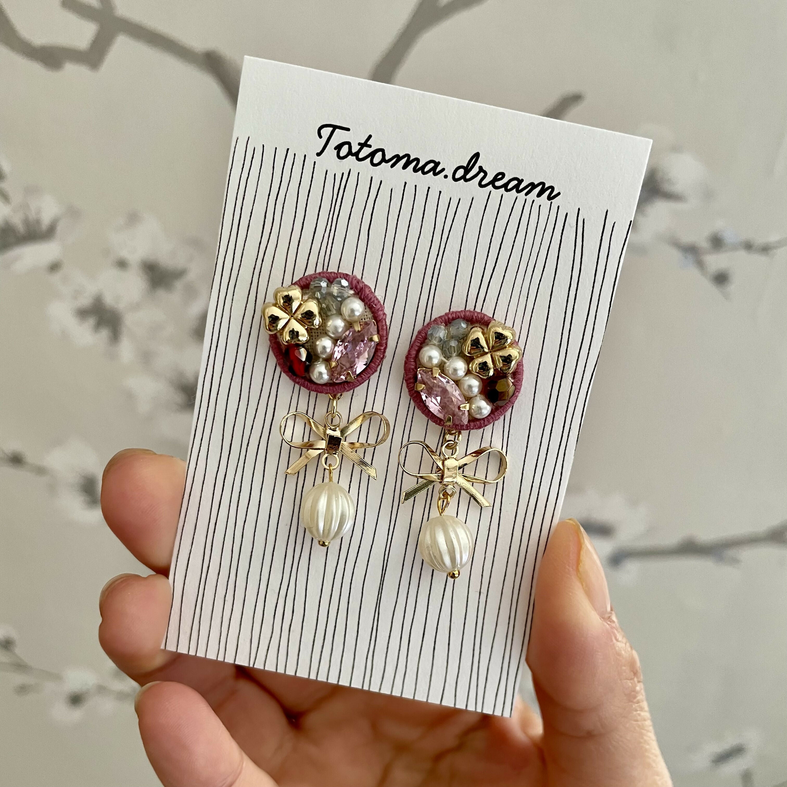 Crystal Embroidery Earrings with Ribbon Charm