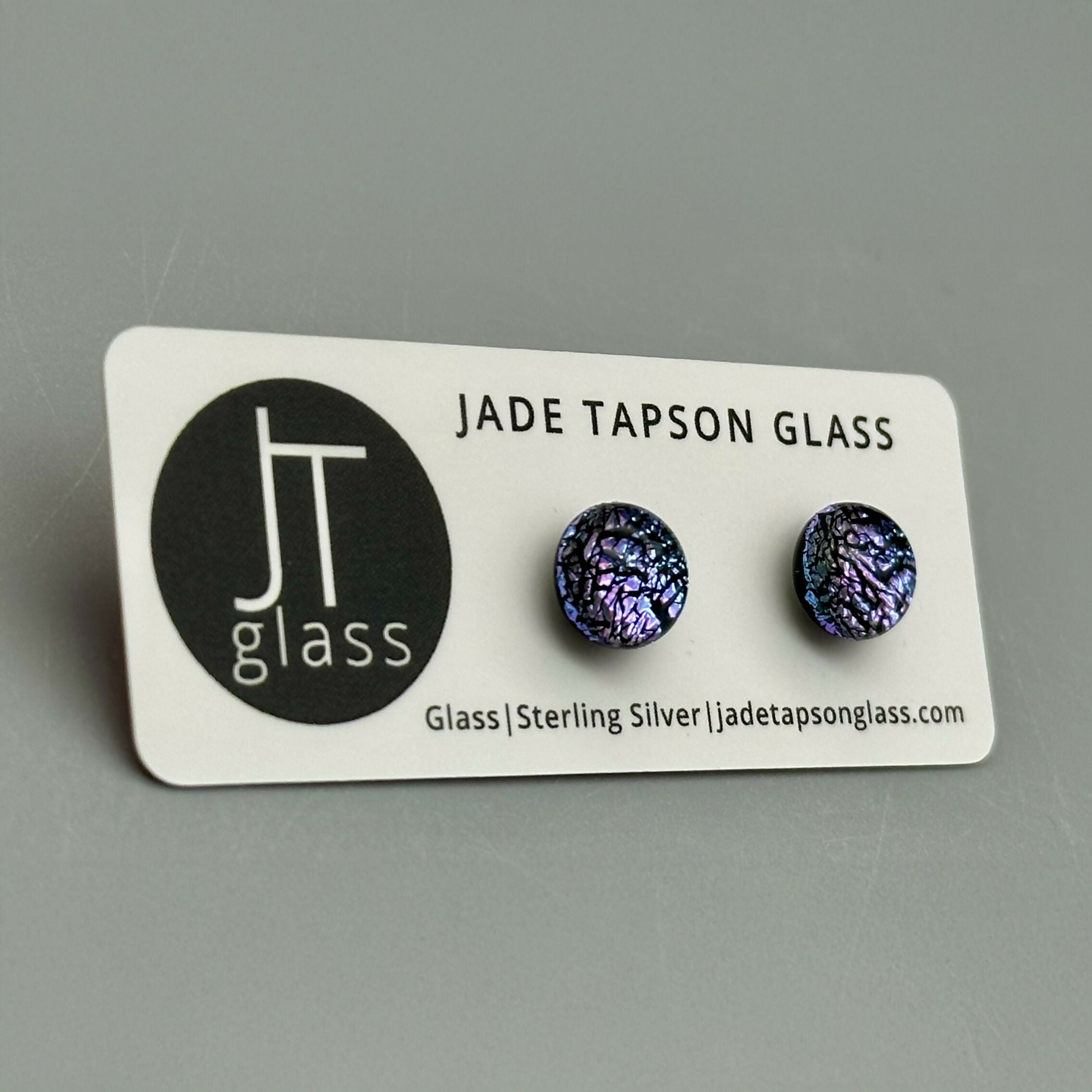Ice Blue & Purple Dichroic Fused Glass Sterling Silver Stud Earrings - Handmade by Jade Tapson Glass.