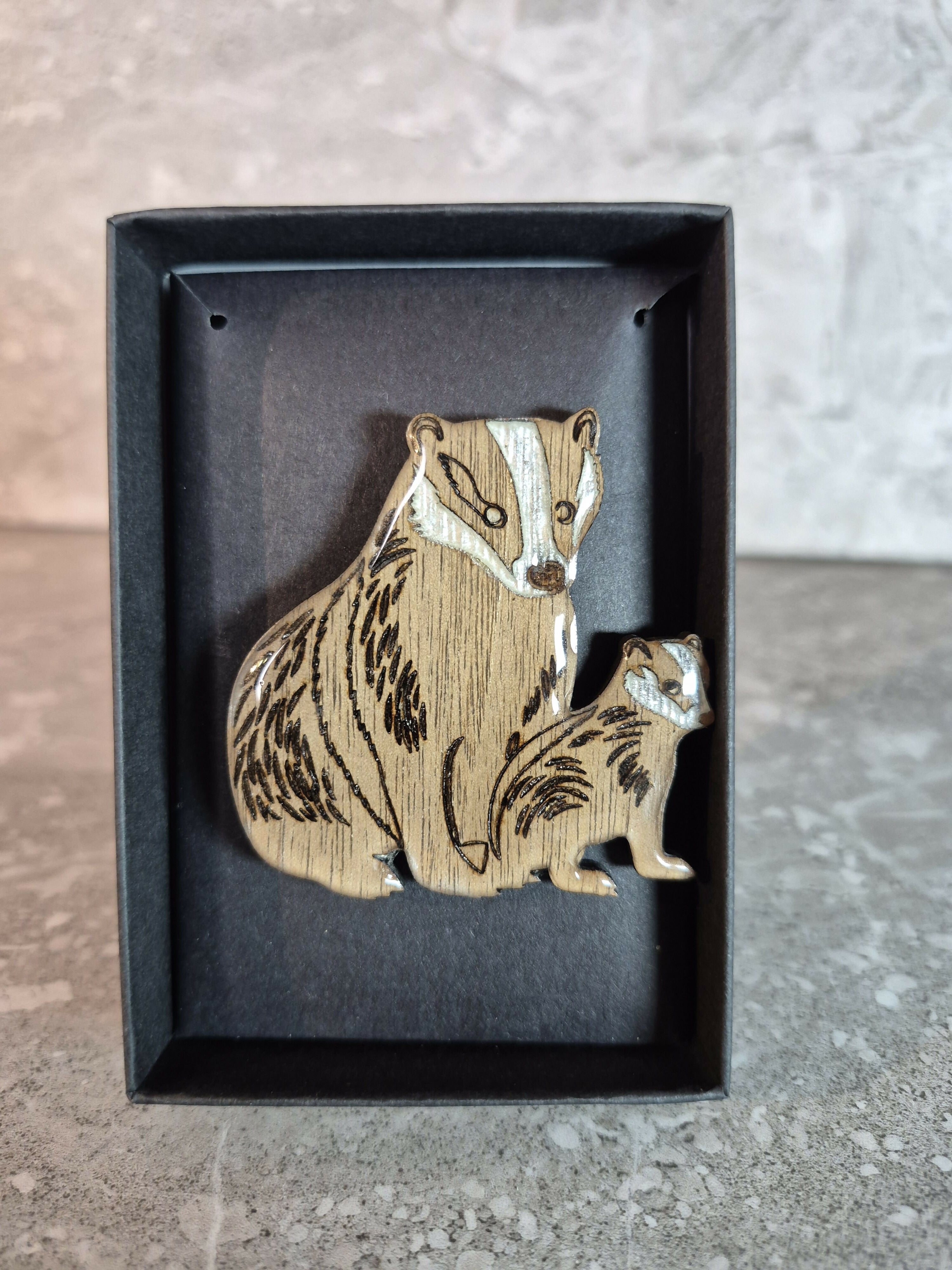 Handcrafted Walnut Veneered Badger and Cub Pin