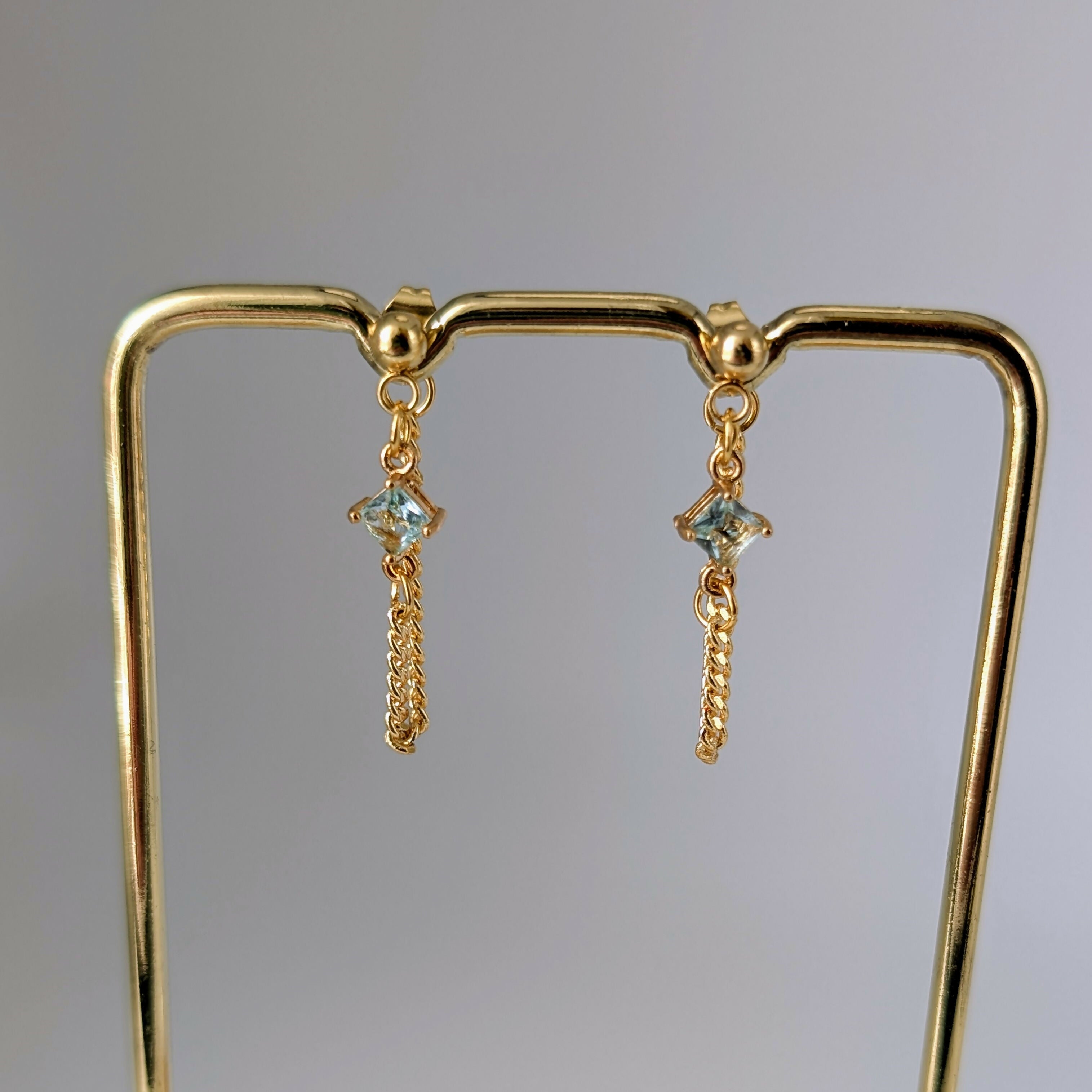 Powder Blue Zirconia Chain Earrrings on Gold Plated Ball Stud