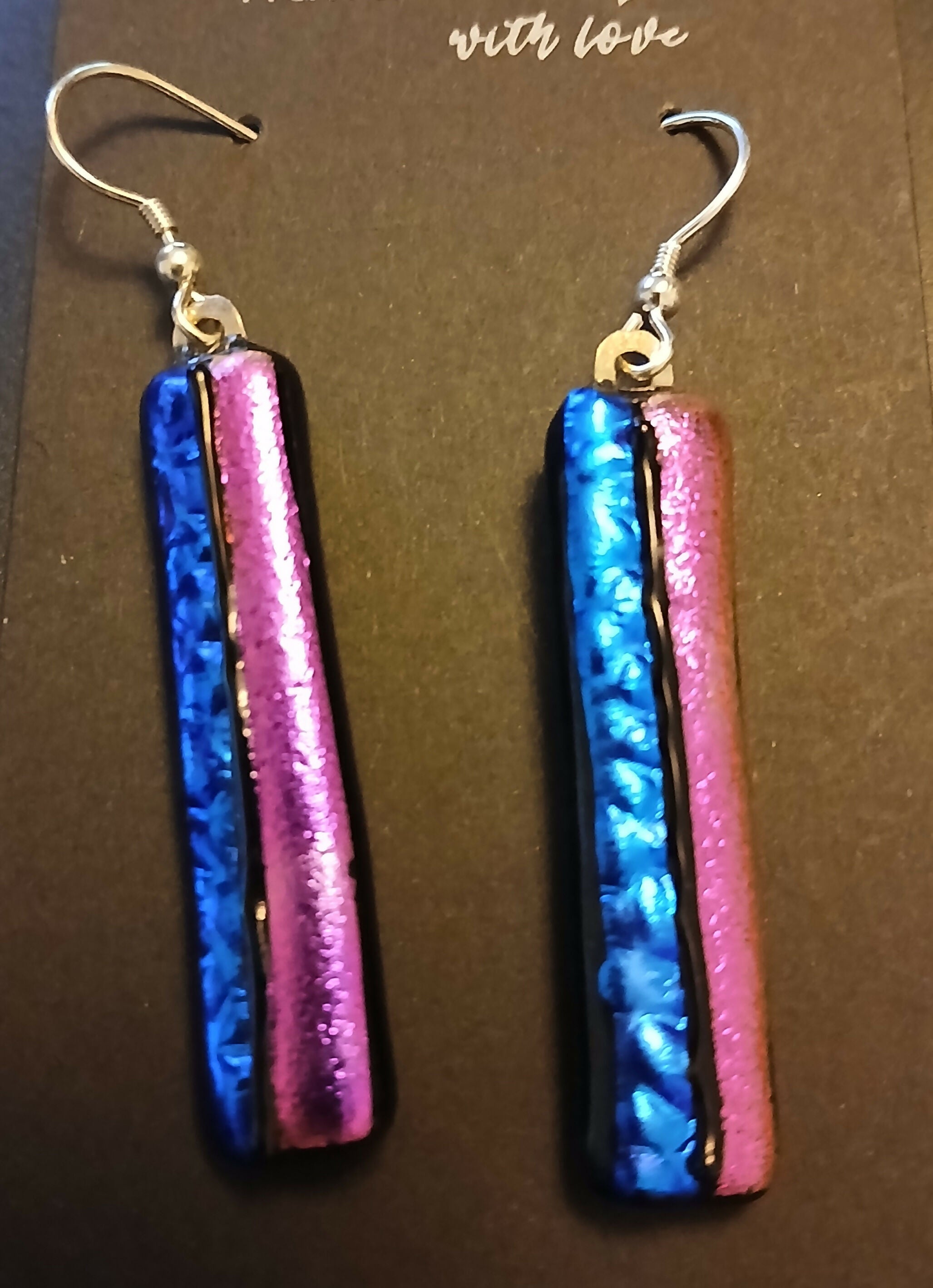 Fused Dichroic Glass Earrings in Pink and Blue with Sterling Silver Hooks
