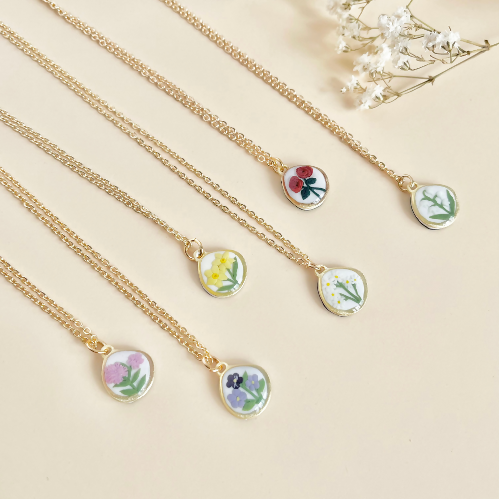 Birth Flower Pendant Necklace - Handmade Polymer Clay Necklace