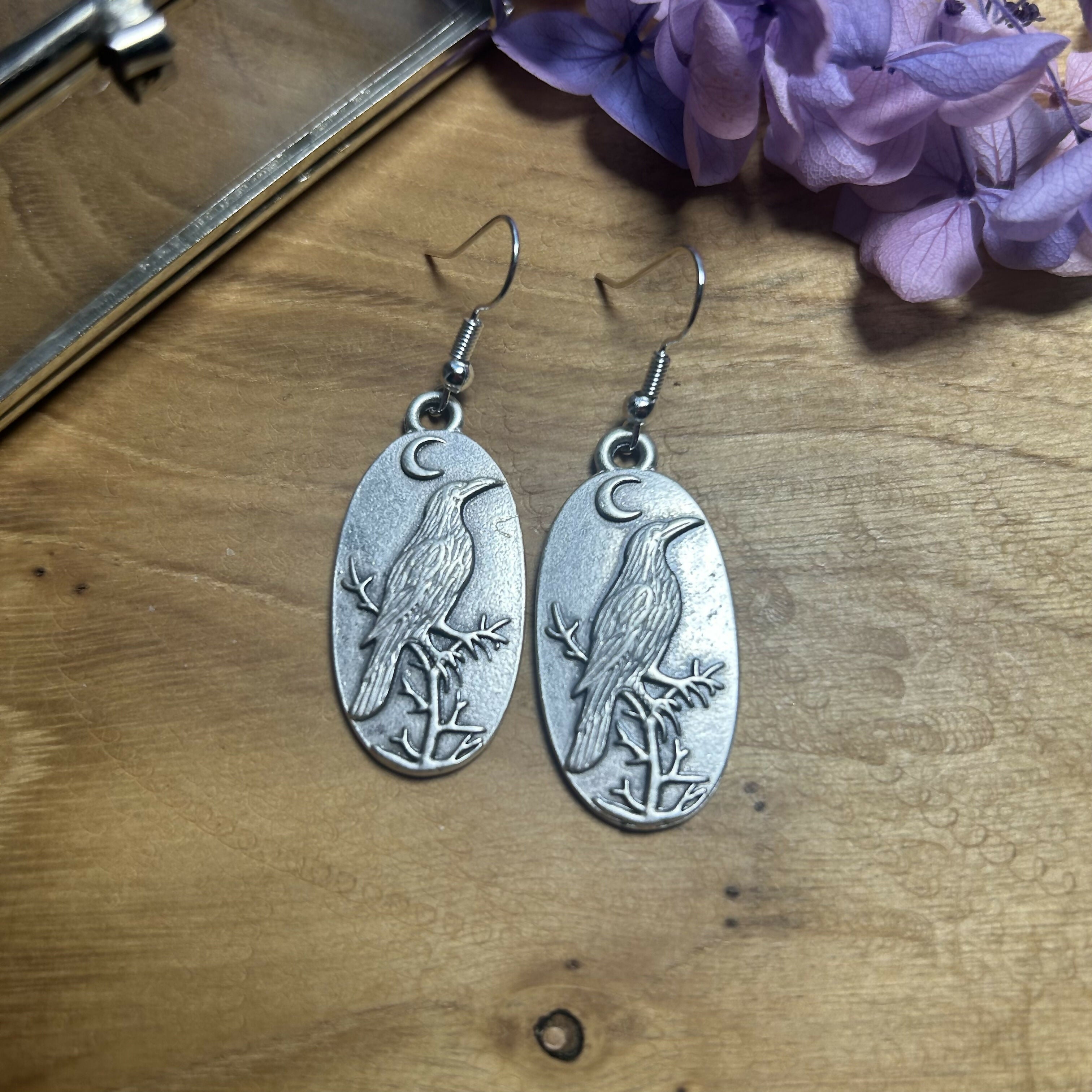 Lovely Large Silver Plated Crow Drop Earrings