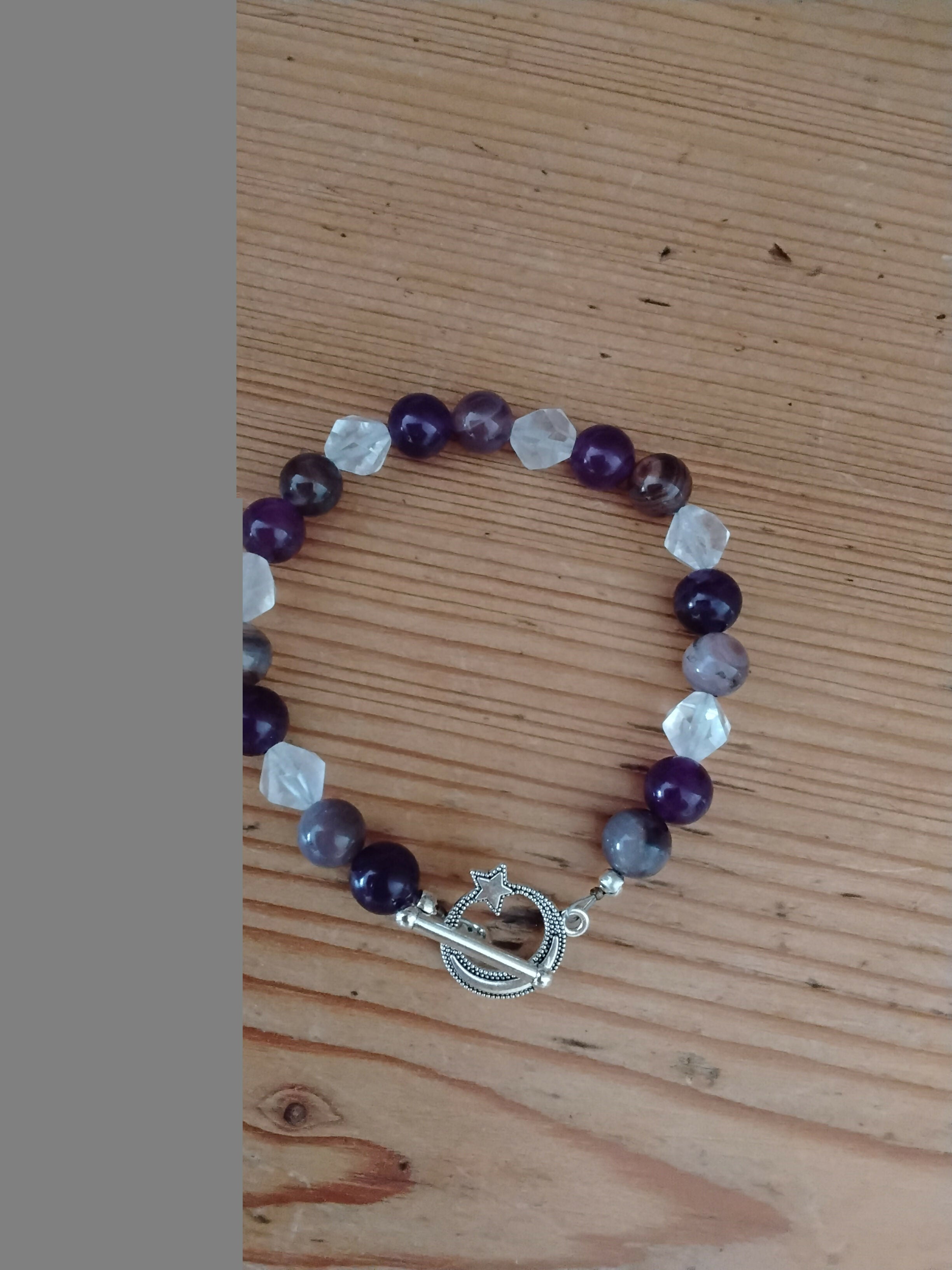 Tibetan Silver Toggle Catch Bracelet with Indian River Agate, Amethyst and Faceted Rose Quartz.