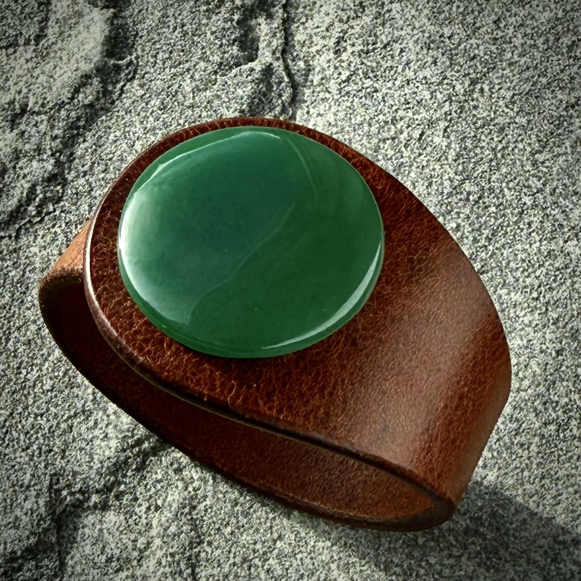 Handcrafted Natural Leather & Nephrite Jade Gemstone Bracelet - Size S or M