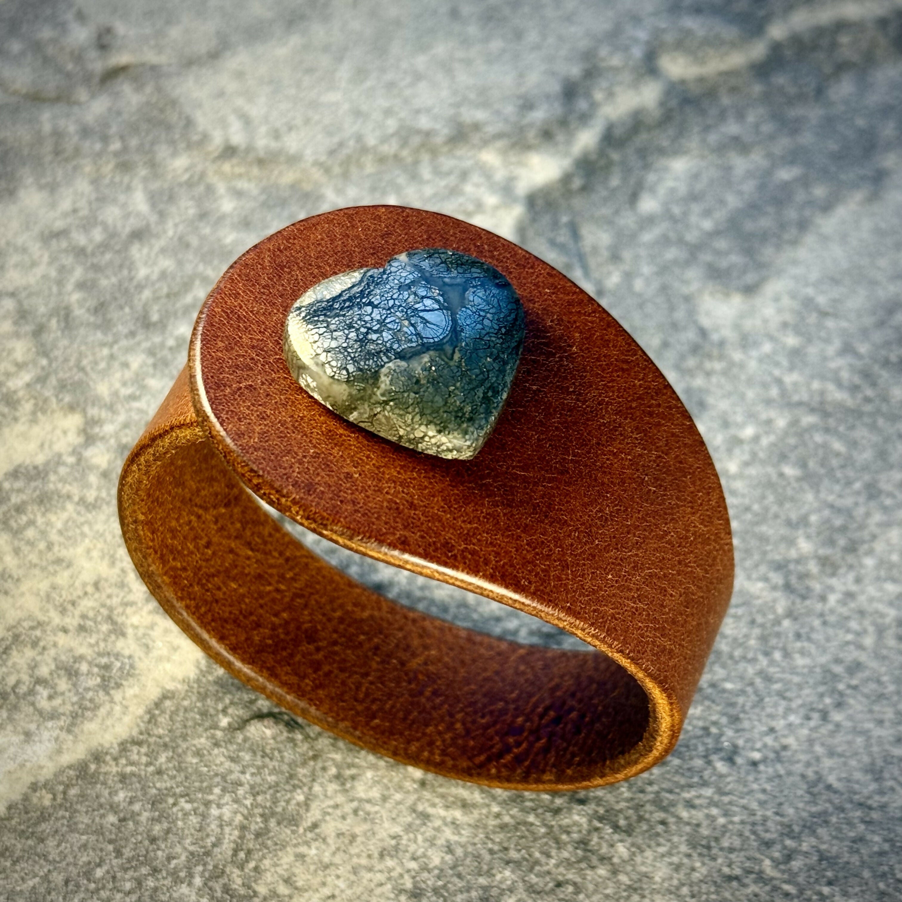 Handcrafted Natural Leather & Heart-Shaped Marcasite Gemstone Bracelet - Size S or M