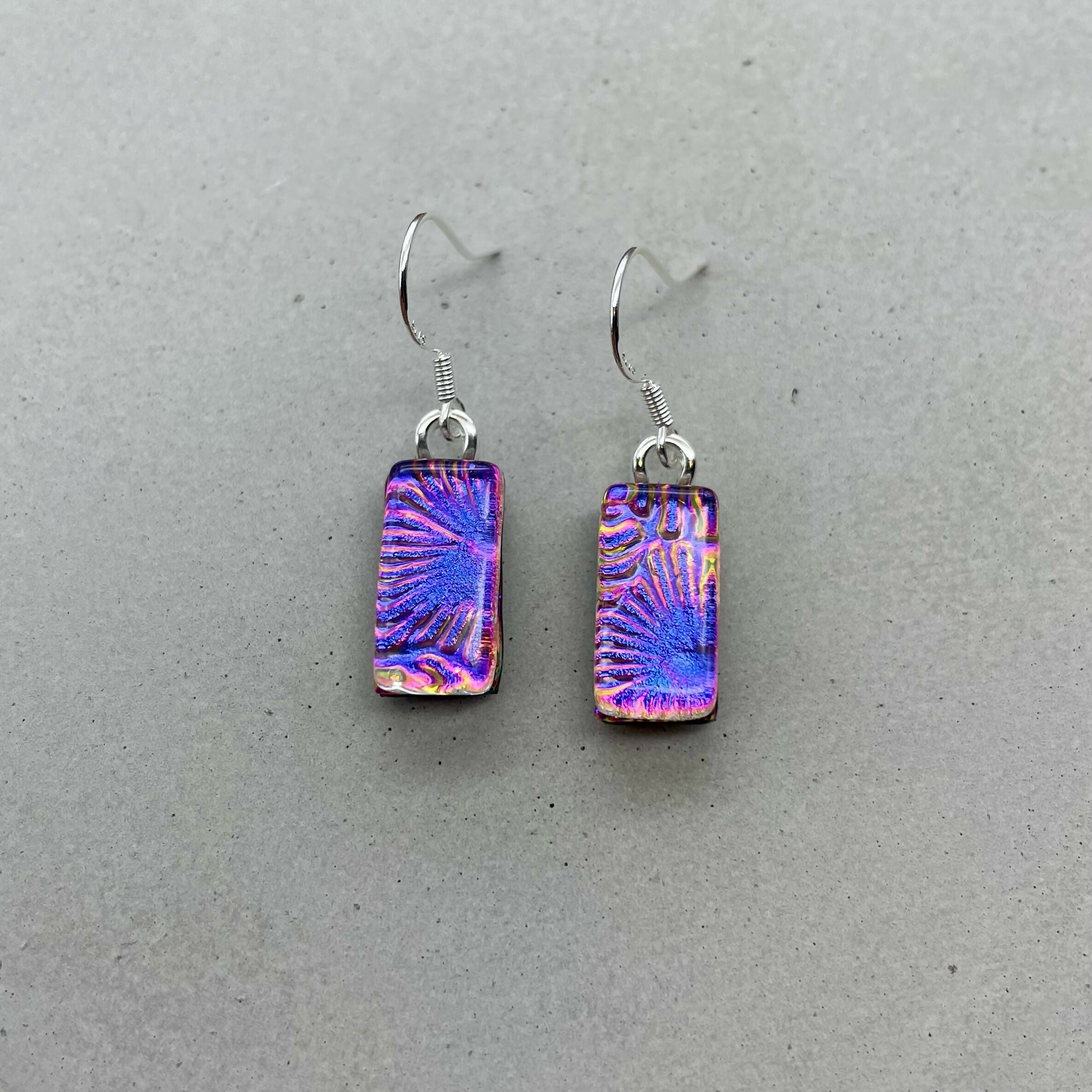 Pink & Purple Flower Dichroic Fused Glass Dangle Sterling Silver Earrings - Handmade by Jade Tapson Glass.