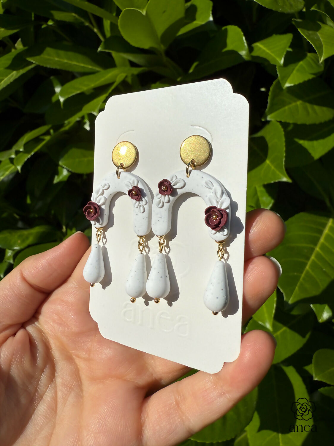 Floral Arch Drop Earrings with Teardrop Beads in White