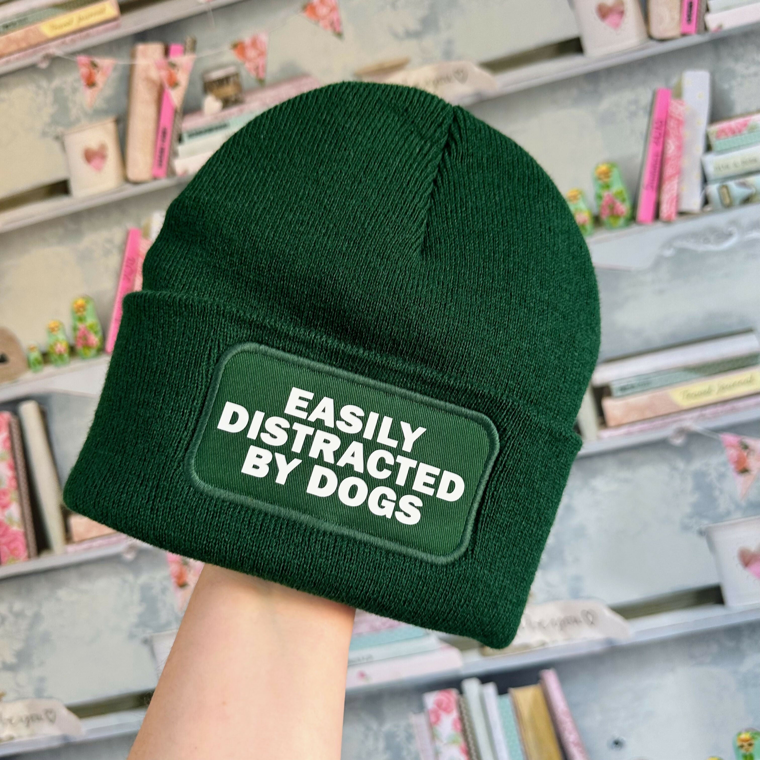 Easily Distracted By Dogs Cuffed Rectangular Patch Beanie Hat