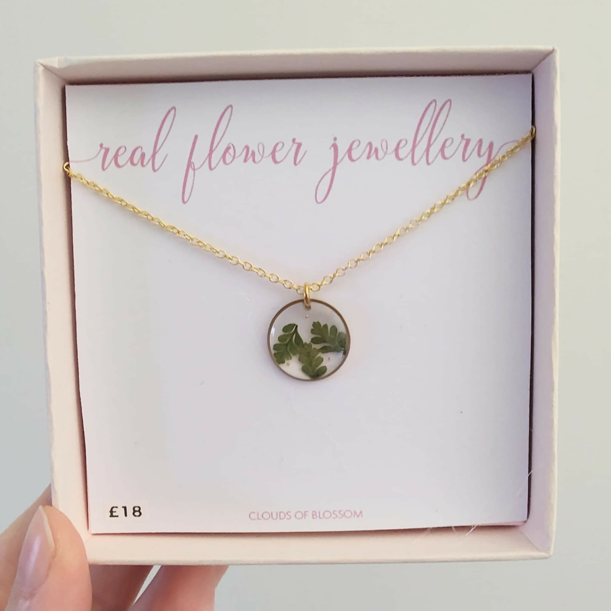 Real Pressed Fern Leaves Tiny Circle Necklace Gold Plated