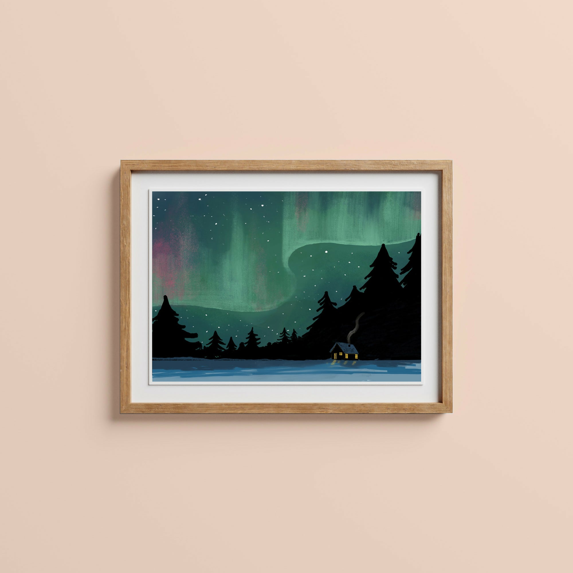 Northern Lights Cabin Art Print