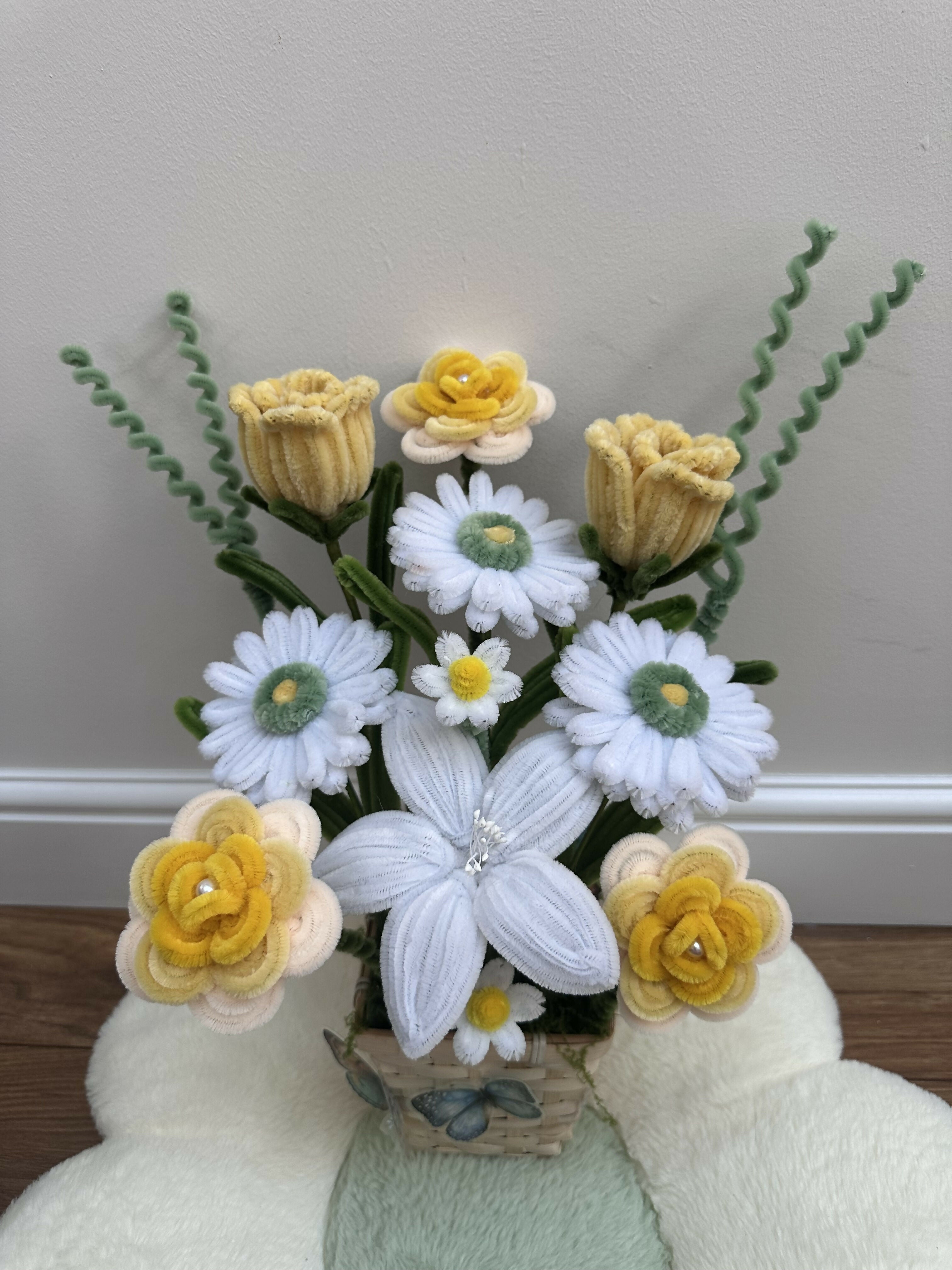 Handmade Chenille Wildflower Basket Arrangem