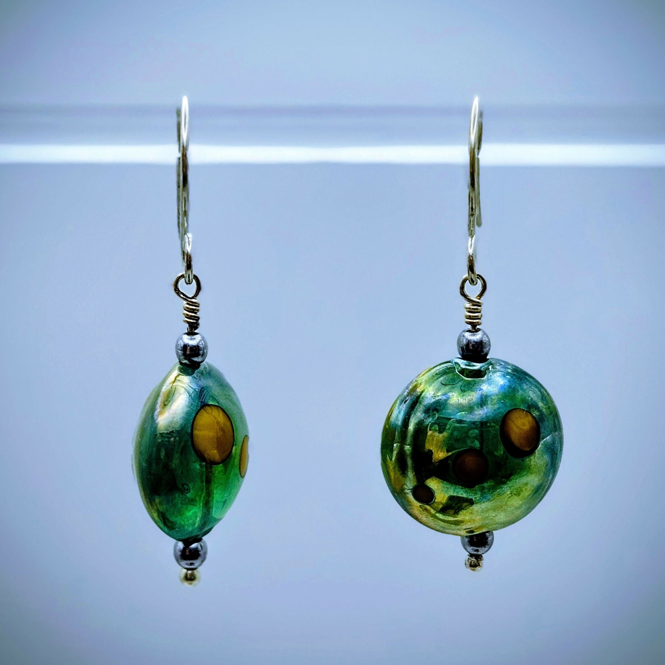 HAND LAMPWORKED GLASS LENTIL BEAD EARRINGS, WITH STERLING SILVER EAR WIRES