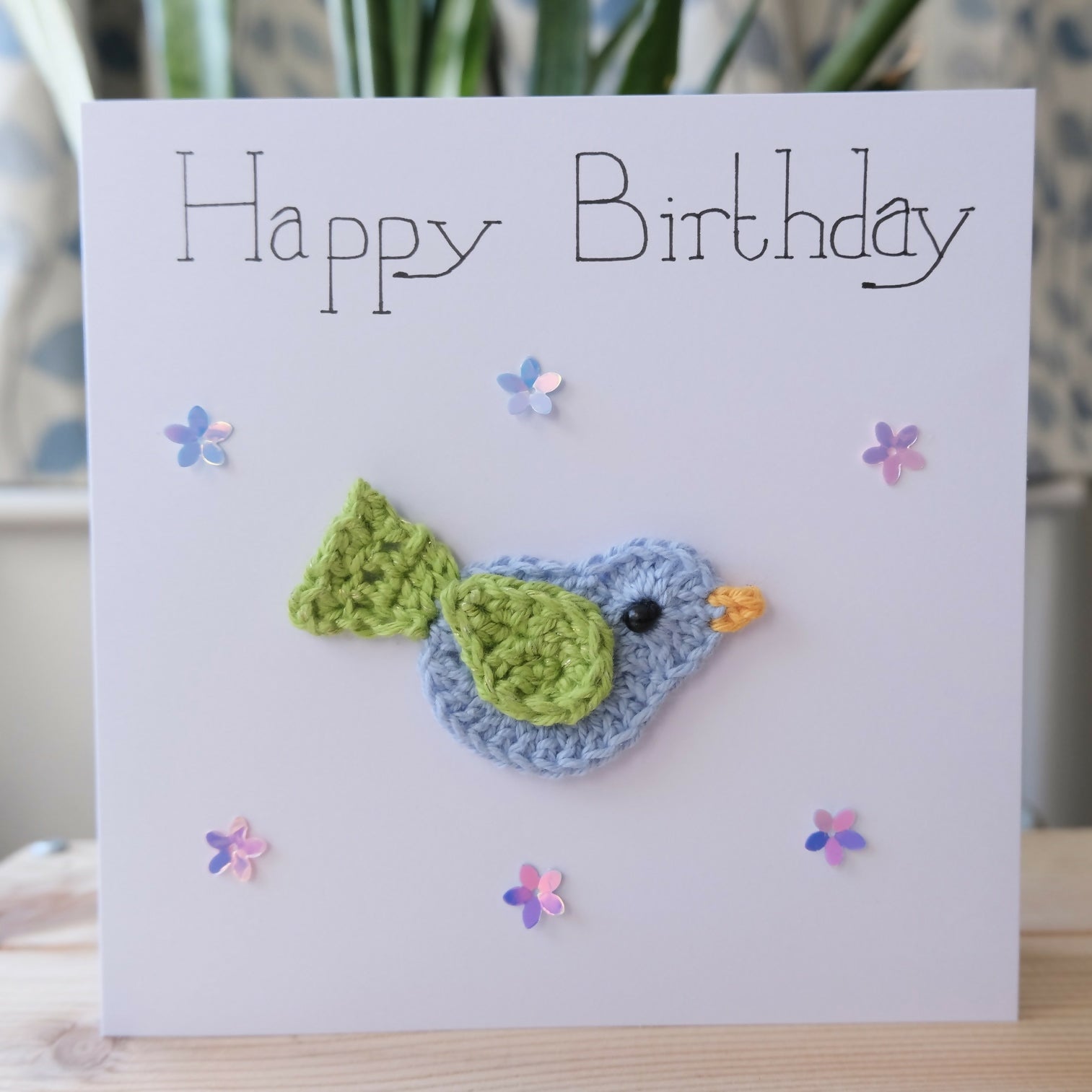 Happy Birthday Card with Crocheted Bird.