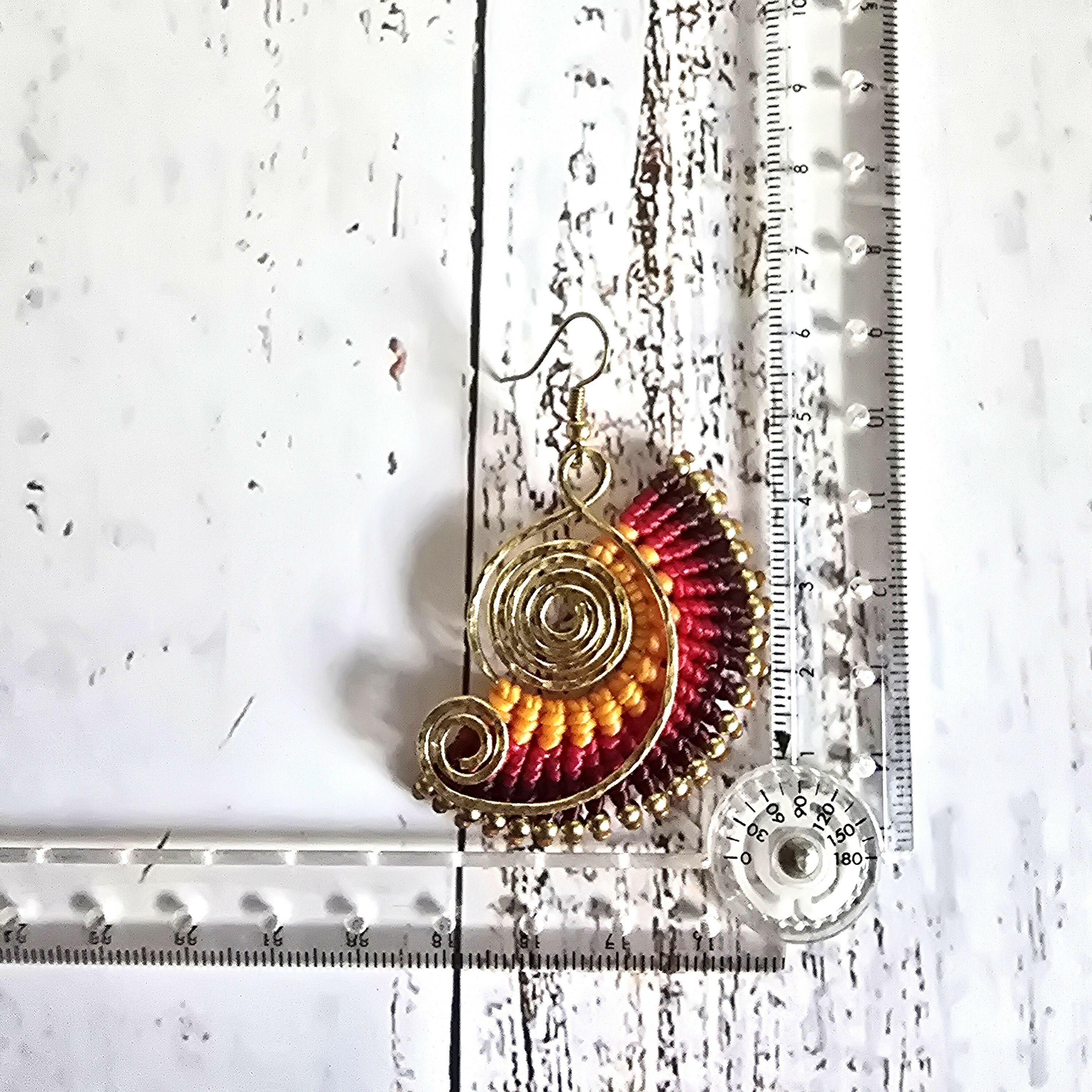 Sunset Macrame Earrings; Golden Spiral Knotted Cord Boho Red Orange Yellow Earrings