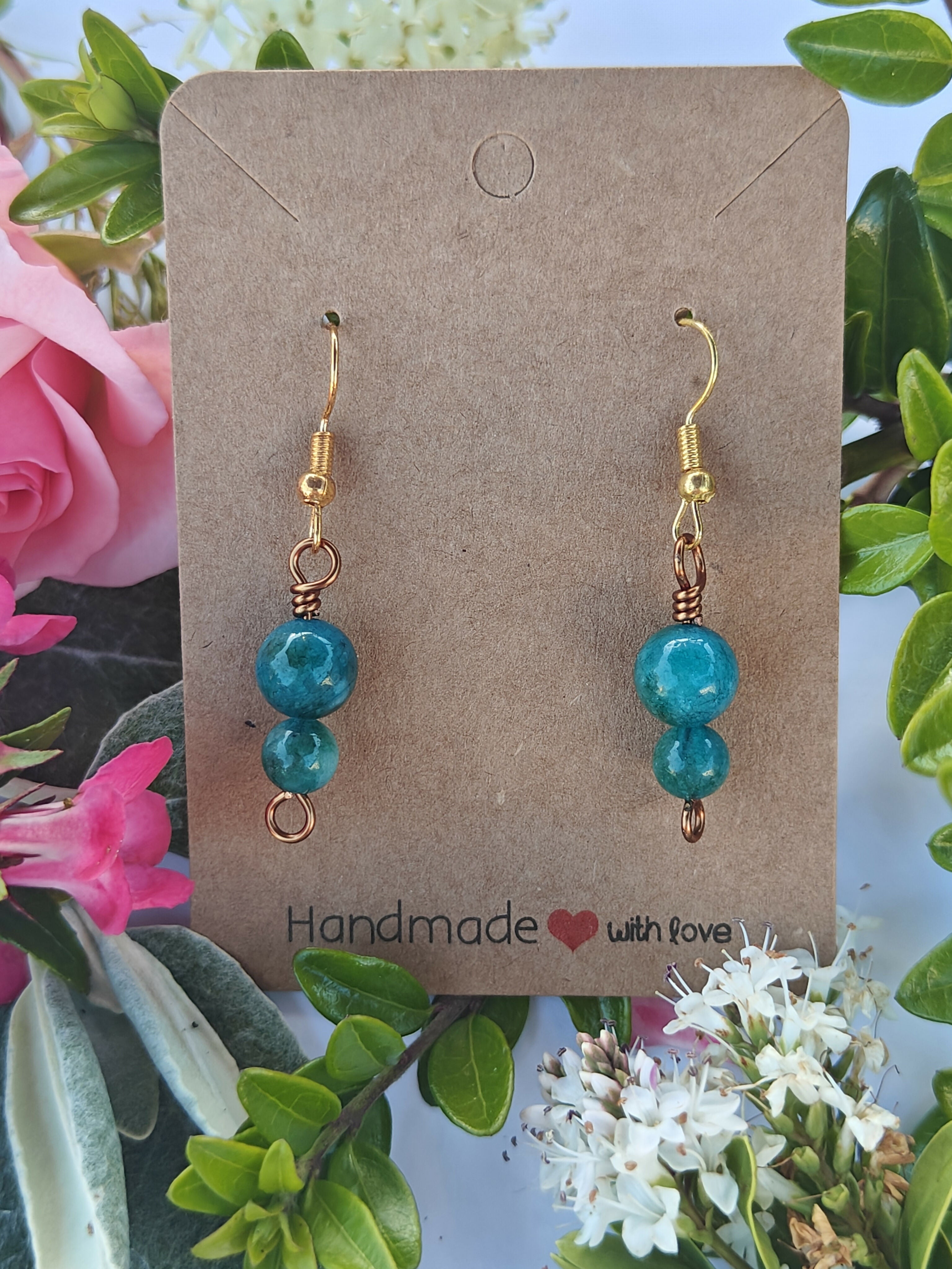 Blue Apatite Wire Wrapped Crystal Bead Earrings