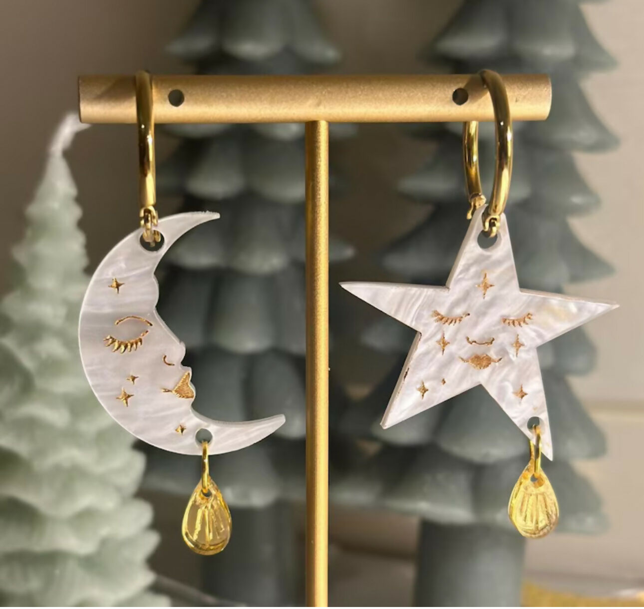 Celestial, Gold Engraved Moon and Star Earrings with Gold Raindrop