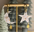 Celestial, Gold Engraved Moon and Star Earrings with Gold Raindrop