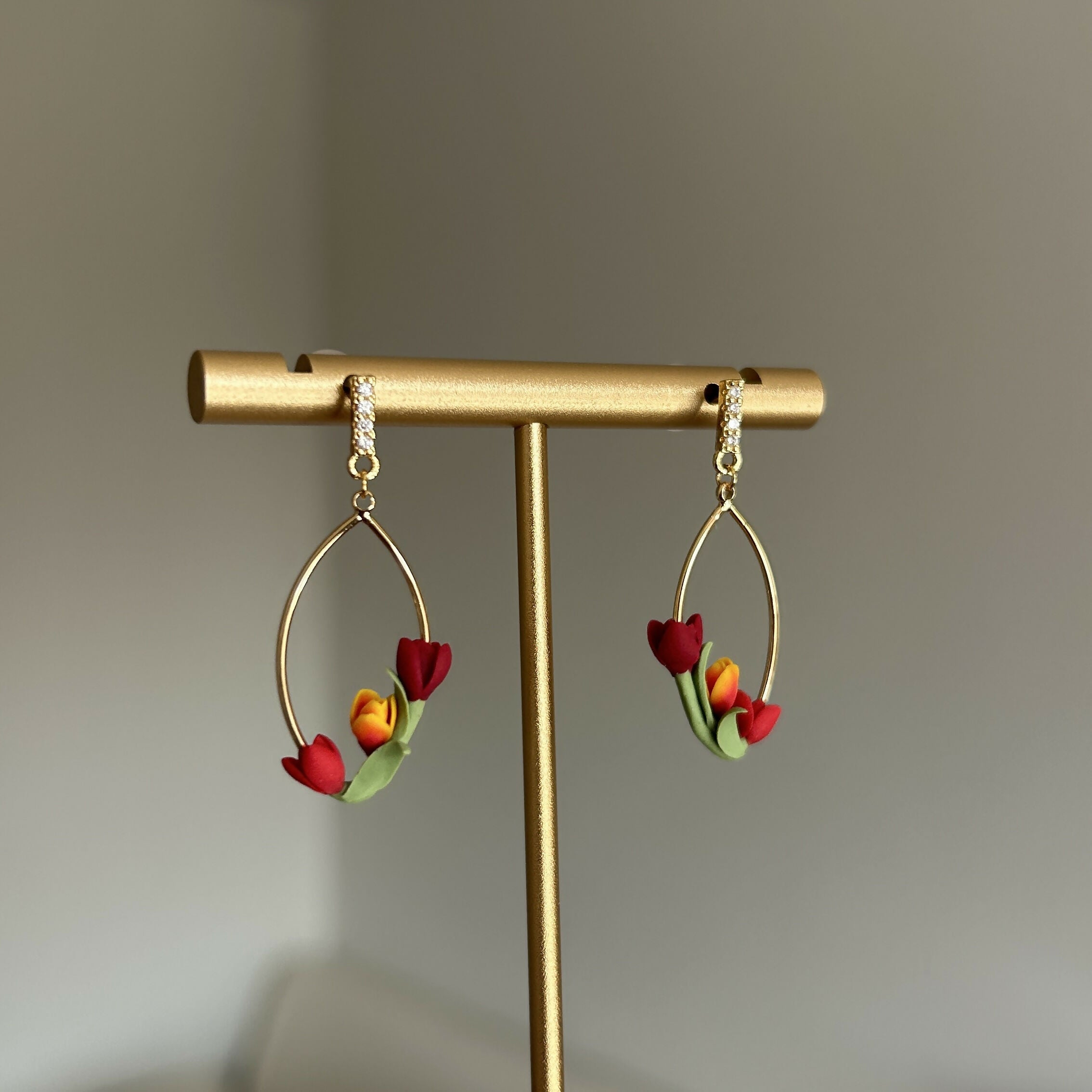 Oval red and orange tulip flowers Earrings