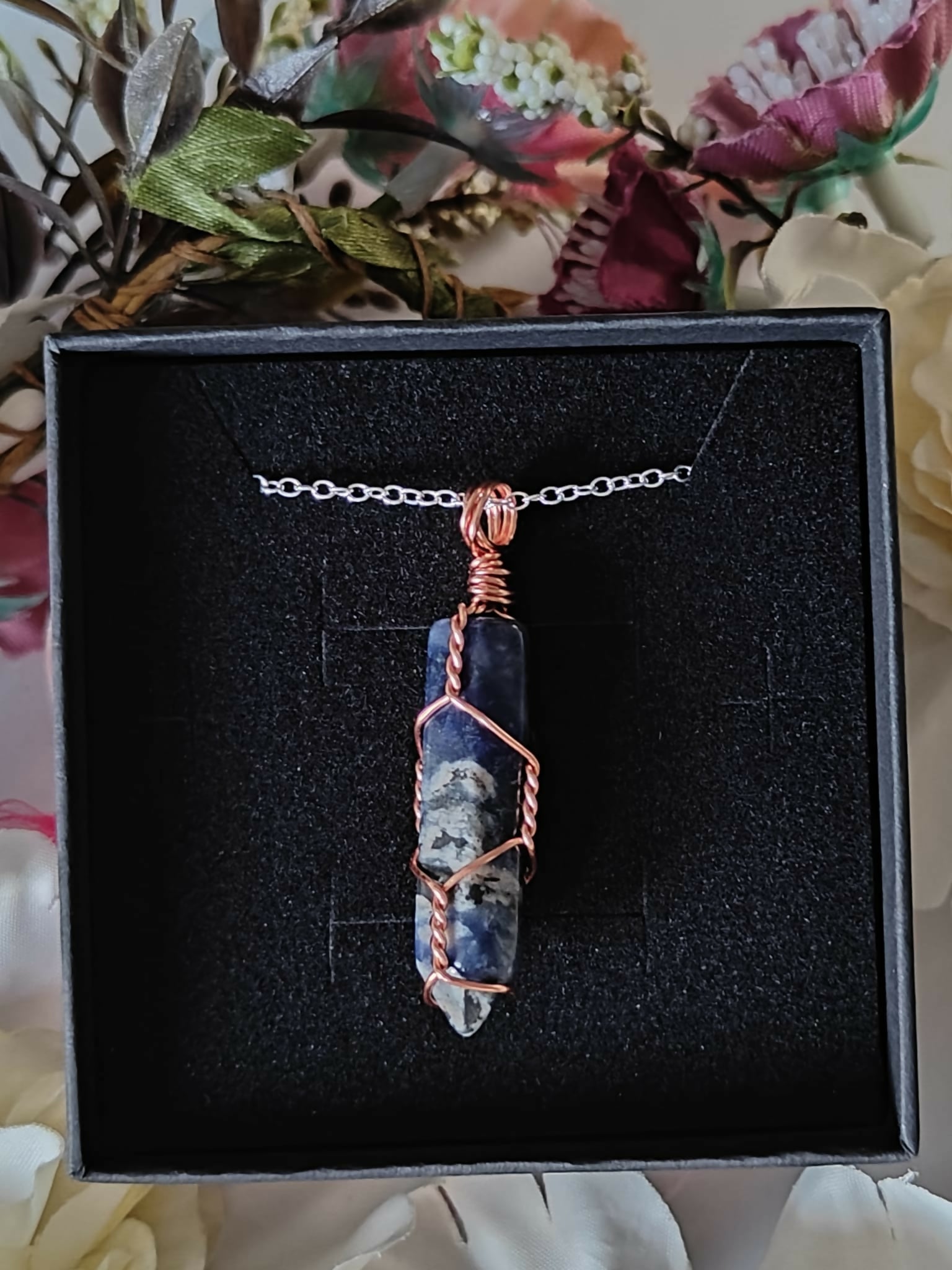 Sodalite Wire Wrapped Crystal Point Necklace on Sterling Silver Chain